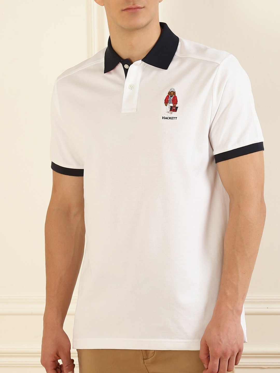 

HACKETT LONDON Men White & eggnog Polo Collar Pure Cotton Applique T-shirt