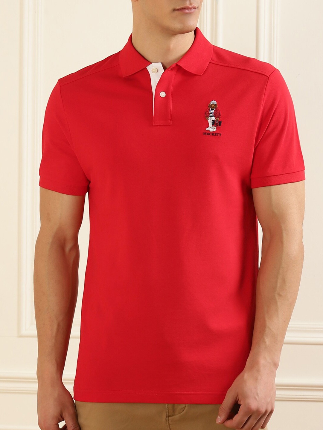 

HACKETT LONDON Men Red & vivid crimson Polo Collar Pure Cotton Applique T-shirt