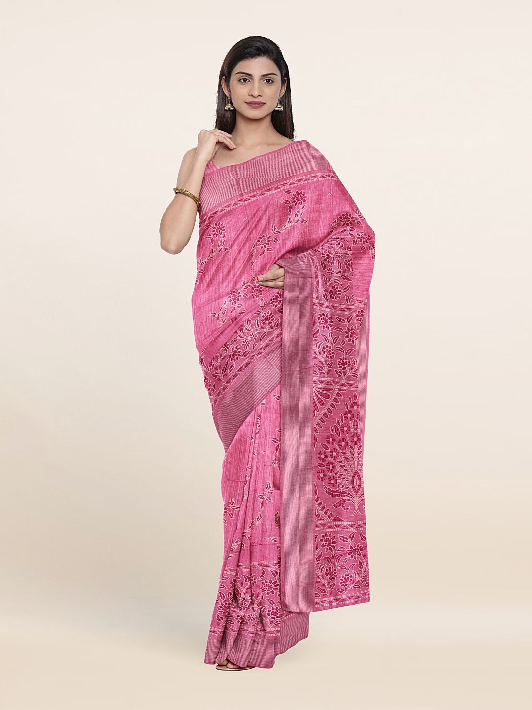 

Pothys Pink & White Floral Zari Saree