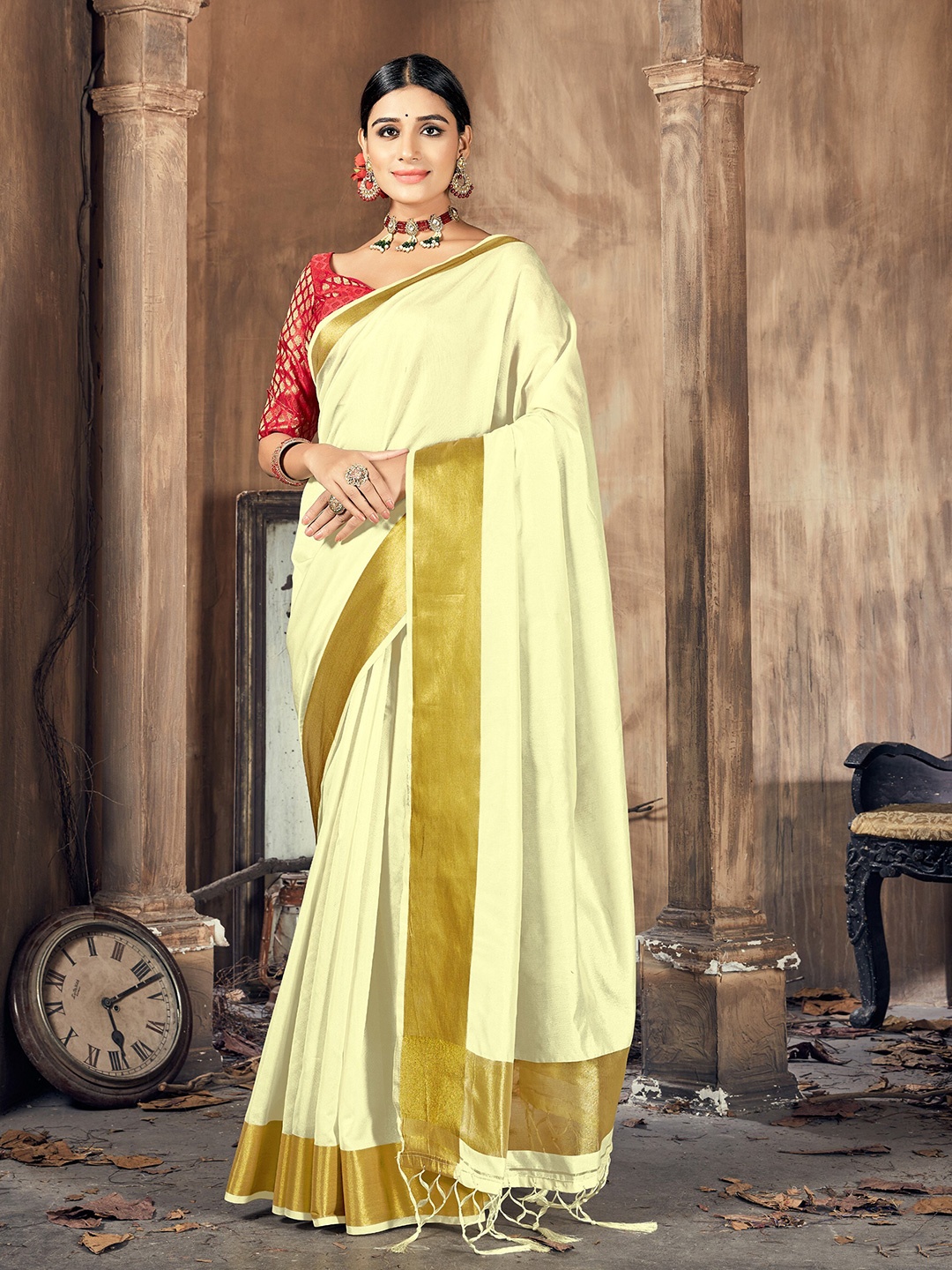 

KALINI Cream-Coloured & Gold-Toned Zari Silk Cotton Heavy Work Banarasi Saree