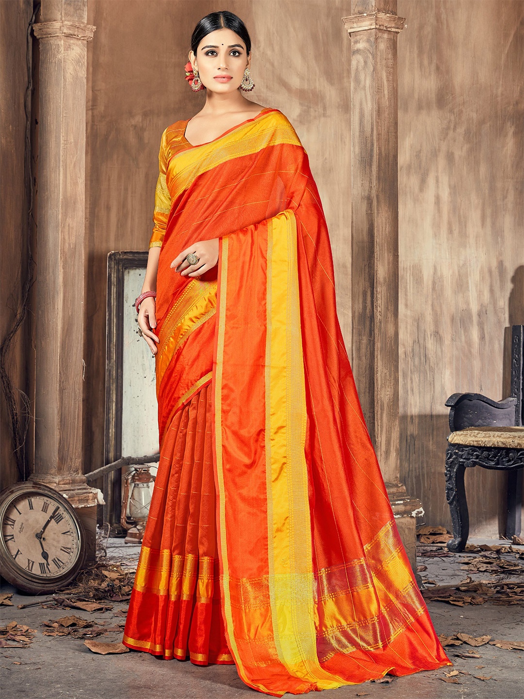 

KALINI Orange & Yellow Zari Silk Cotton Heavy Work Banarasi Saree