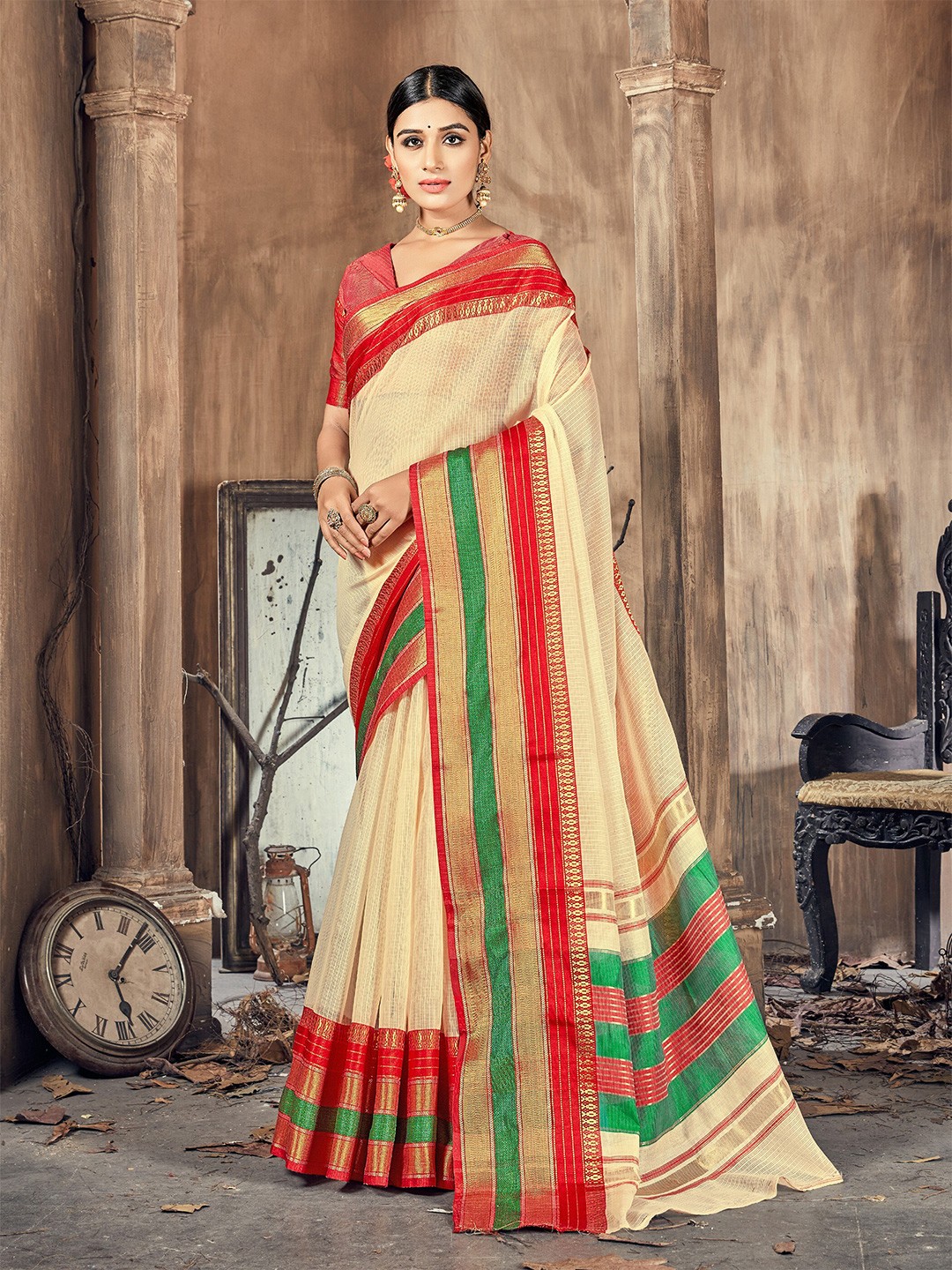 

KALINI Women Cream Sarees