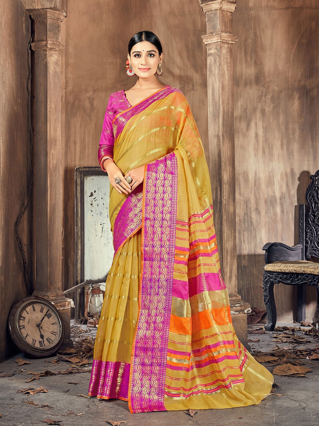 

KALINI Yellow & Pink Woven Design Zari Silk Cotton Heavy Work Banarasi Saree