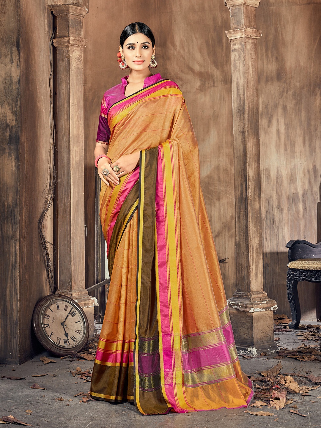 

KALINI Mustard & Green Woven Design Zari Silk Cotton Heavy Work Banarasi Saree