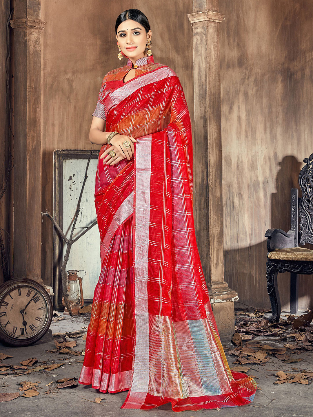 

KALINI Red & Silver-Toned Woven Design Silk Cotton Heavy Work Banarasi Saree