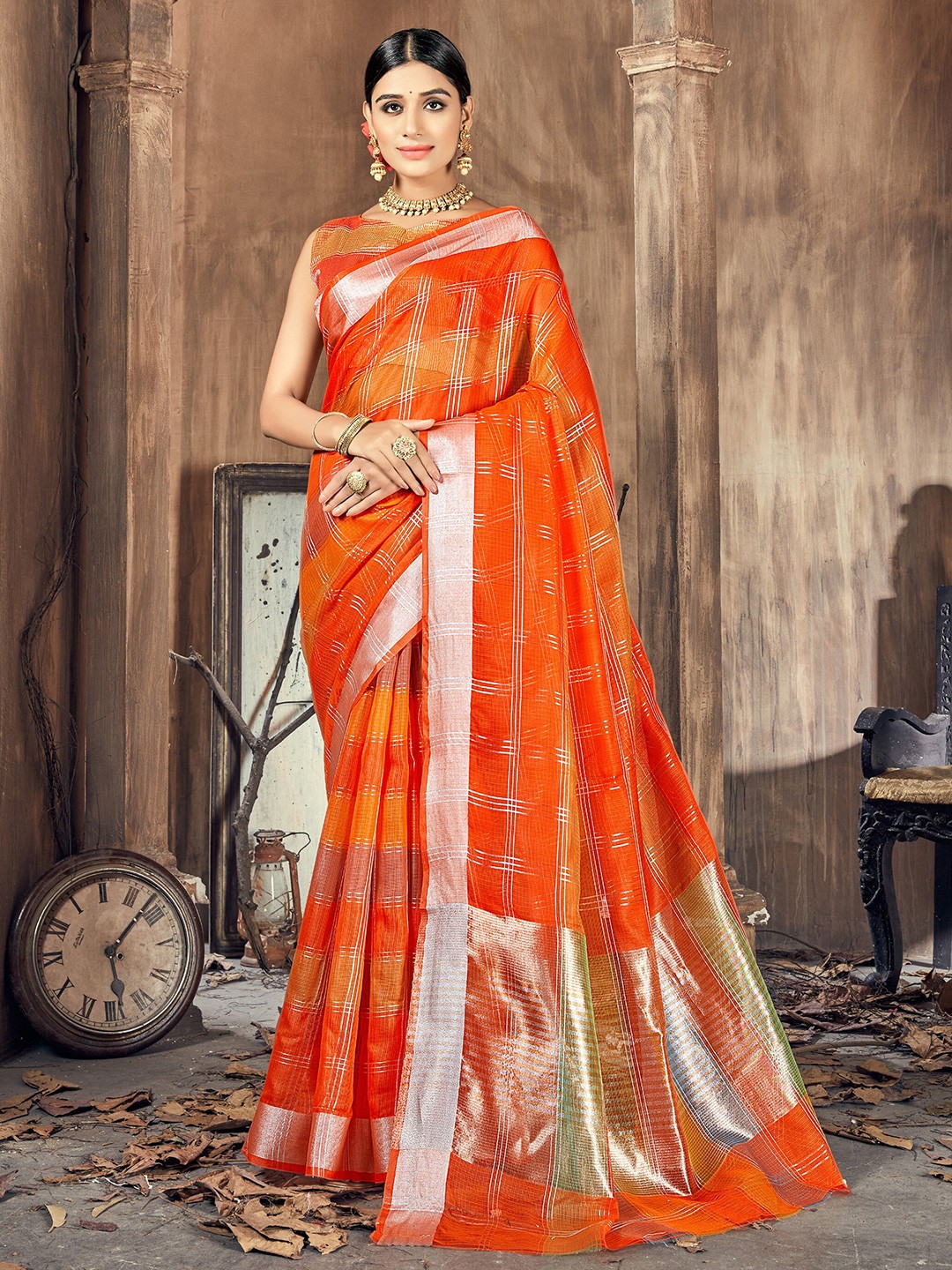 

KALINI Orange & Silver-Toned Woven Design Zari Silk Cotton Heavy Work Banarasi Saree