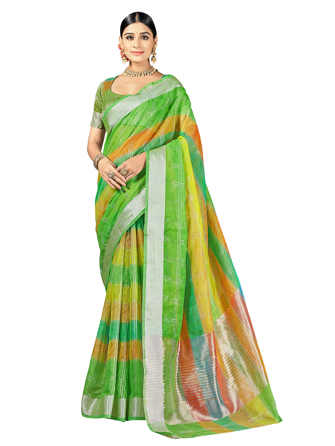 

KALINI Green & Orange Woven Design Zari Silk Cotton Heavy Work Banarasi Saree
