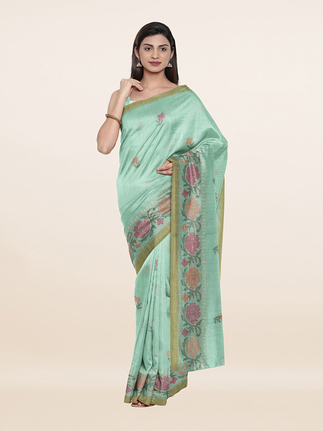 

Pothys Green & Pink Floral Embroidered Pure Cotton Saree