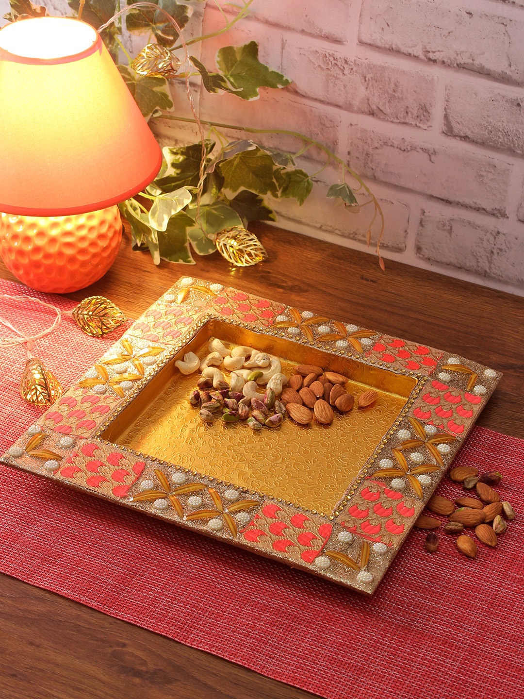 

Aapno Rajasthan Gold Coloured & Peach Coloured Printed Wooden Tray
