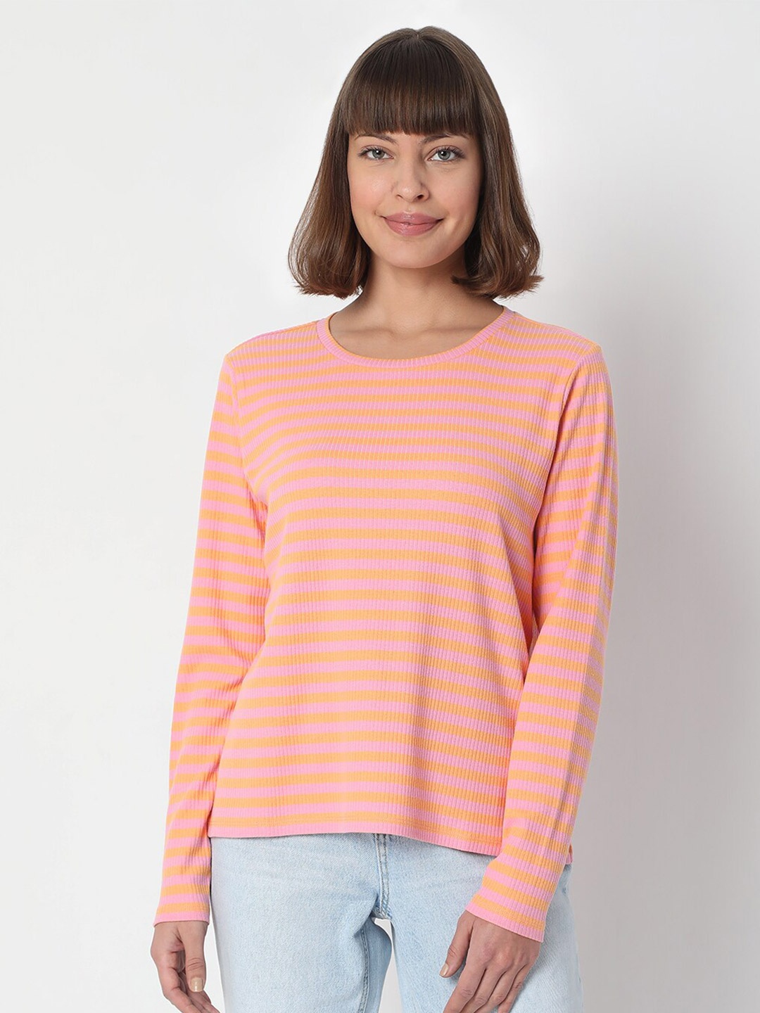 

Vero Moda Women Pink Striped T-shirt