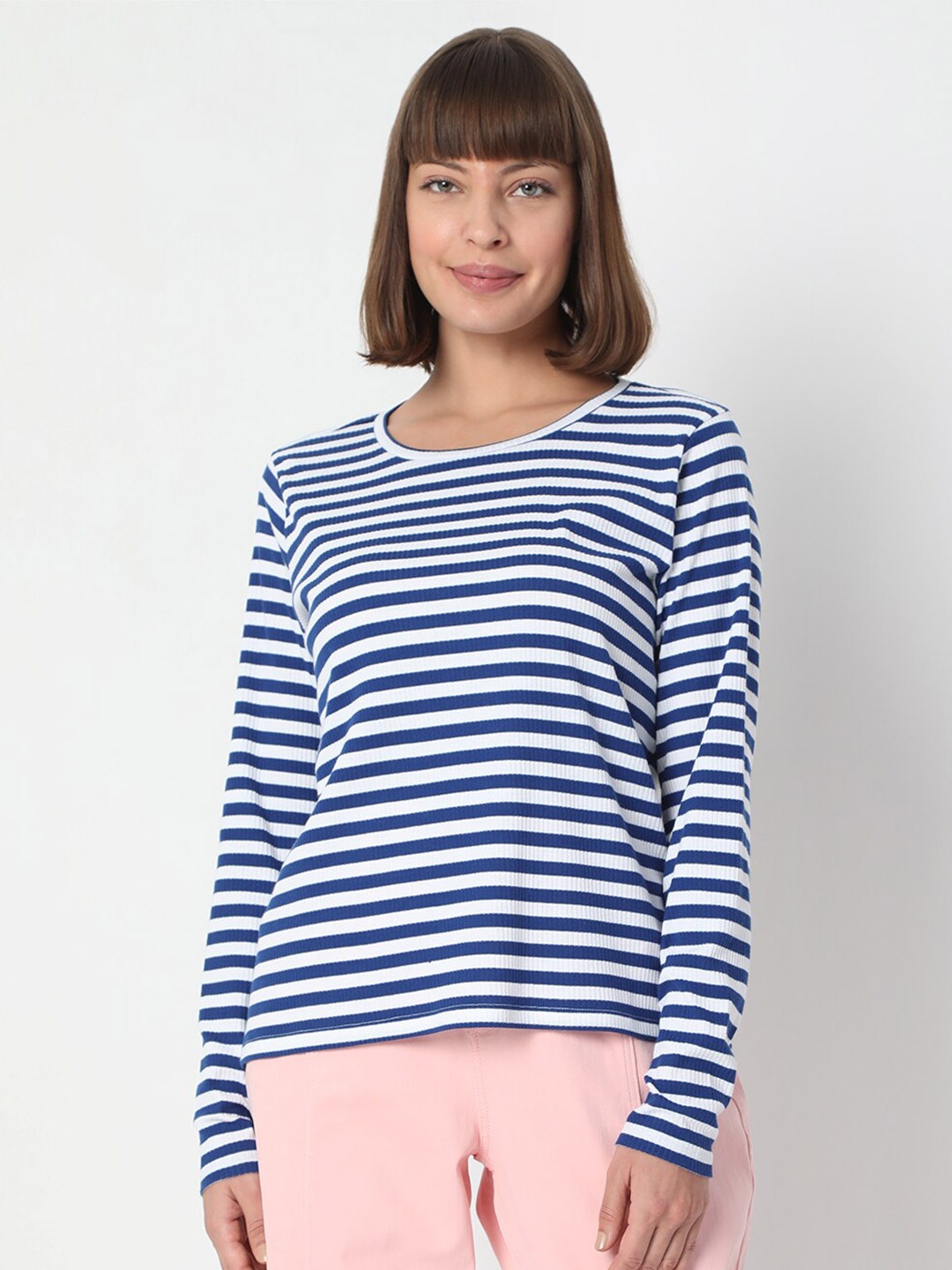 

Vero Moda Women Blue Striped V-Neck Extended Sleeves T-shirt