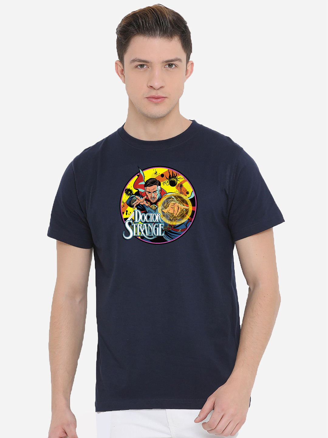 

Fully Filmy Men Navy Blue & dark sapphire Floral Printed Applique T-shirt