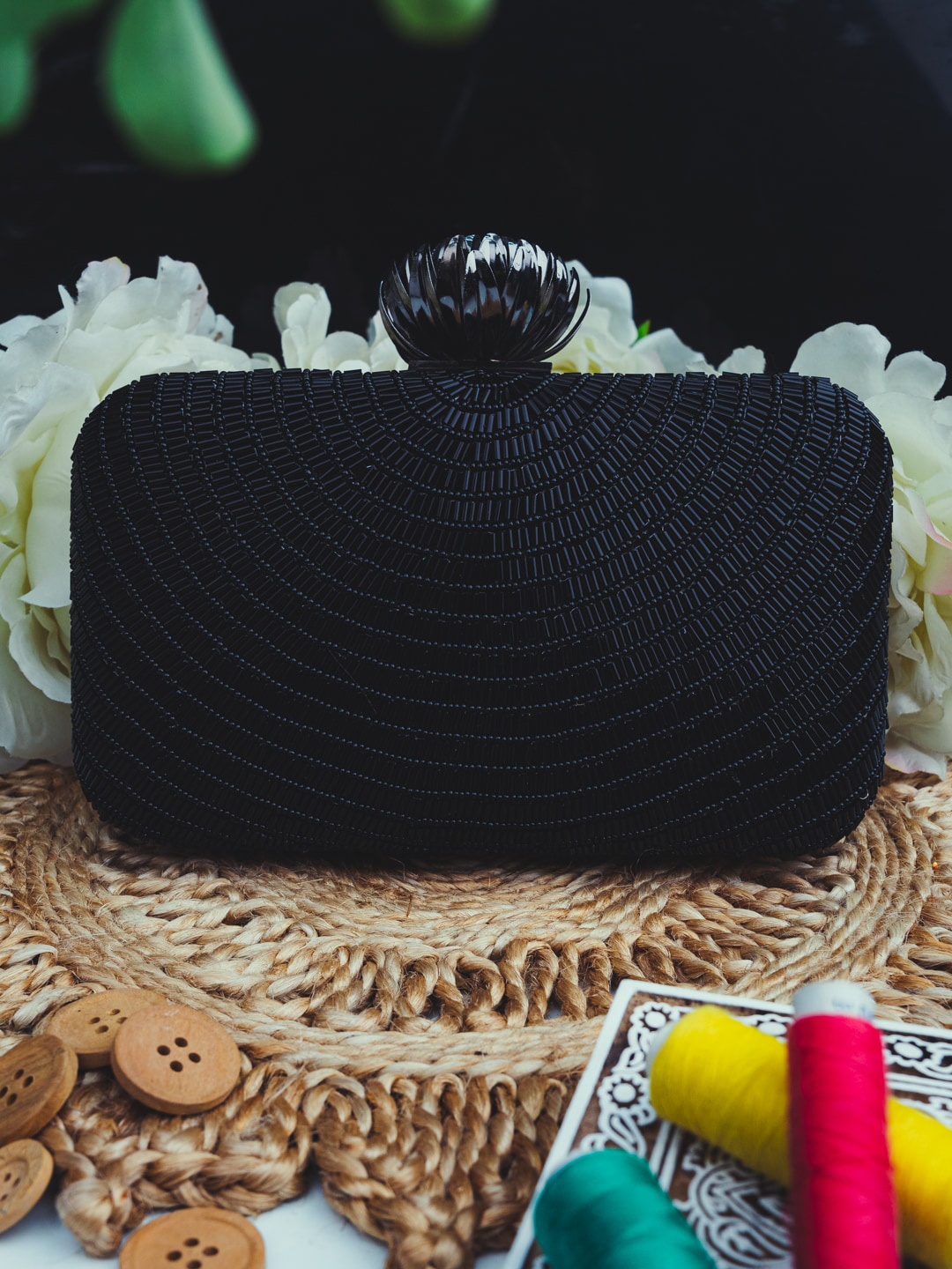 

NR By Nidhi Rathi Black Embroidered Box Clutch