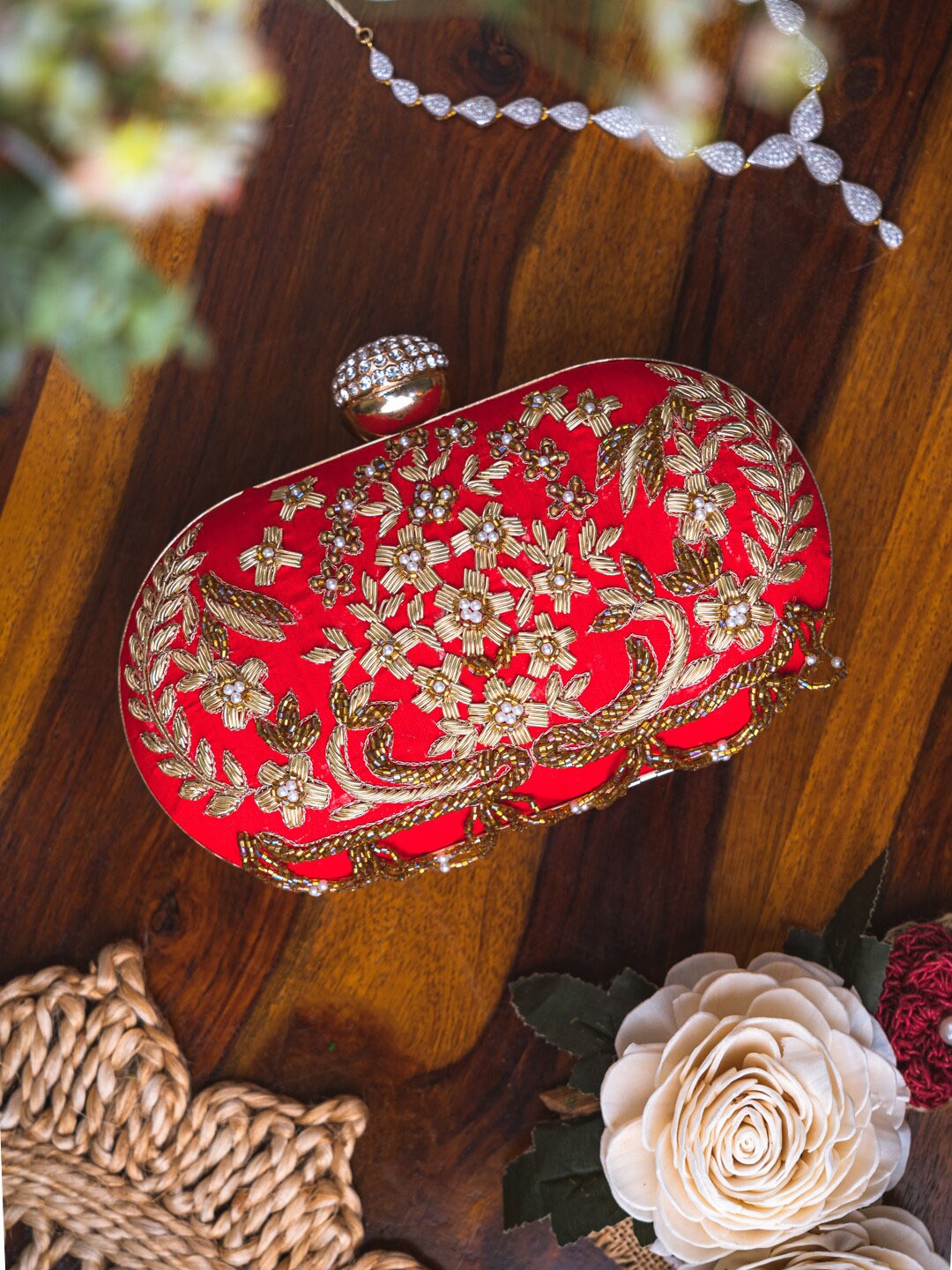 

NR By Nidhi Rathi Red Embroidered Box Clutch