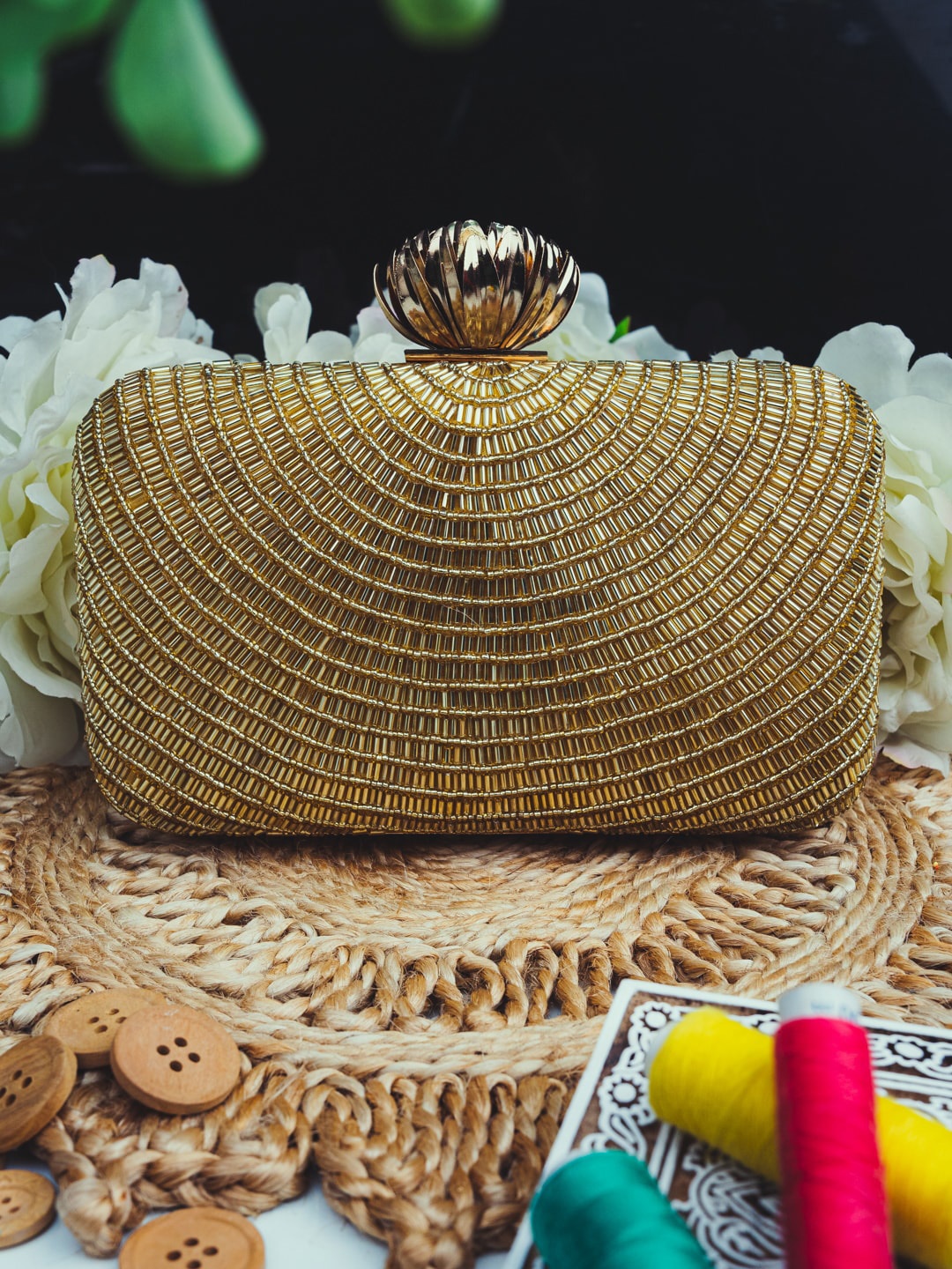

NR By Nidhi Rathi Gold-Toned Embroidered Box Clutch