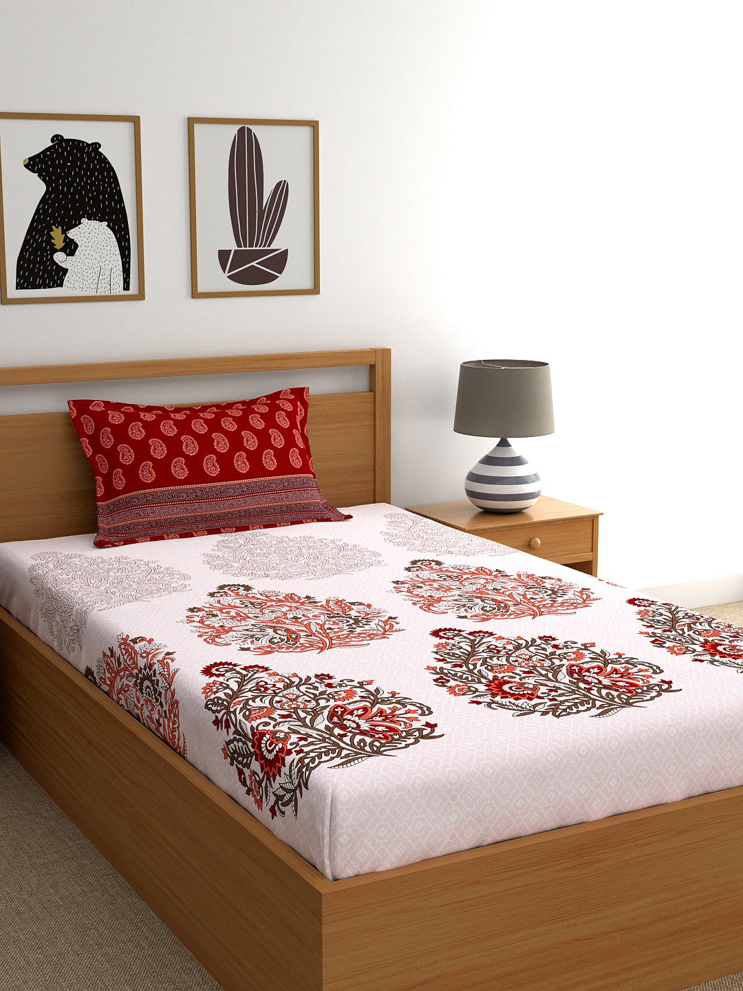 

My Room Red Floral 140 TC Single Bedsheet with 1 Pillow Covers
