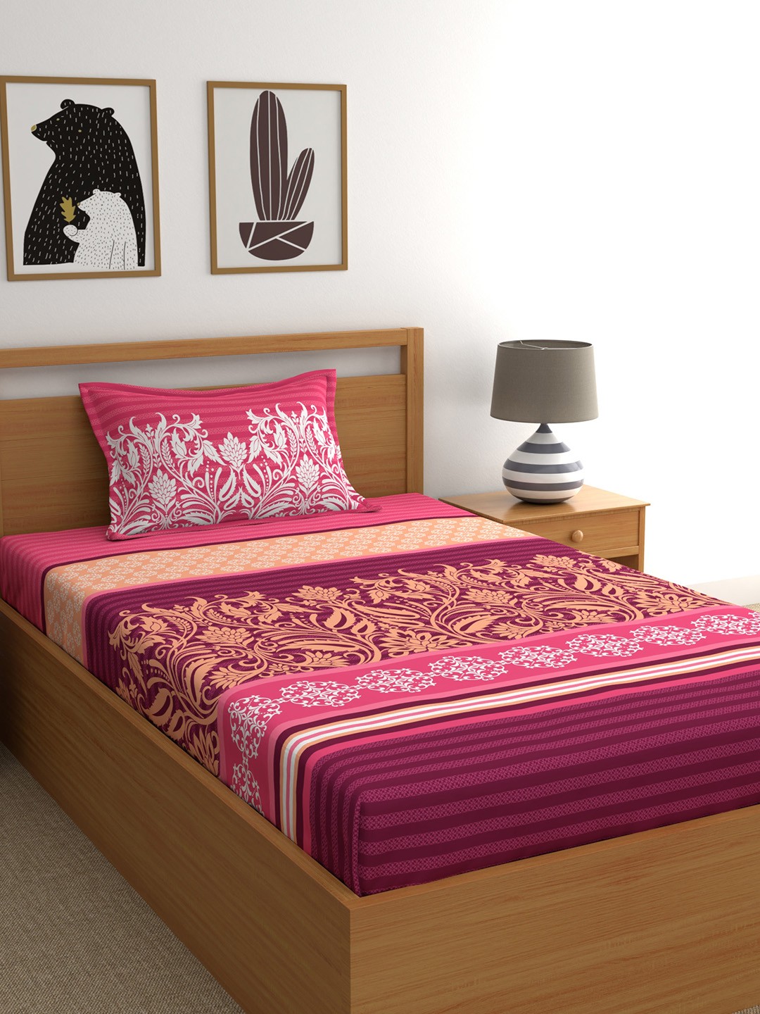 

My Room Pink Ethnic Motifs 140 TC Single Bedsheet with 1 Pillow Covers