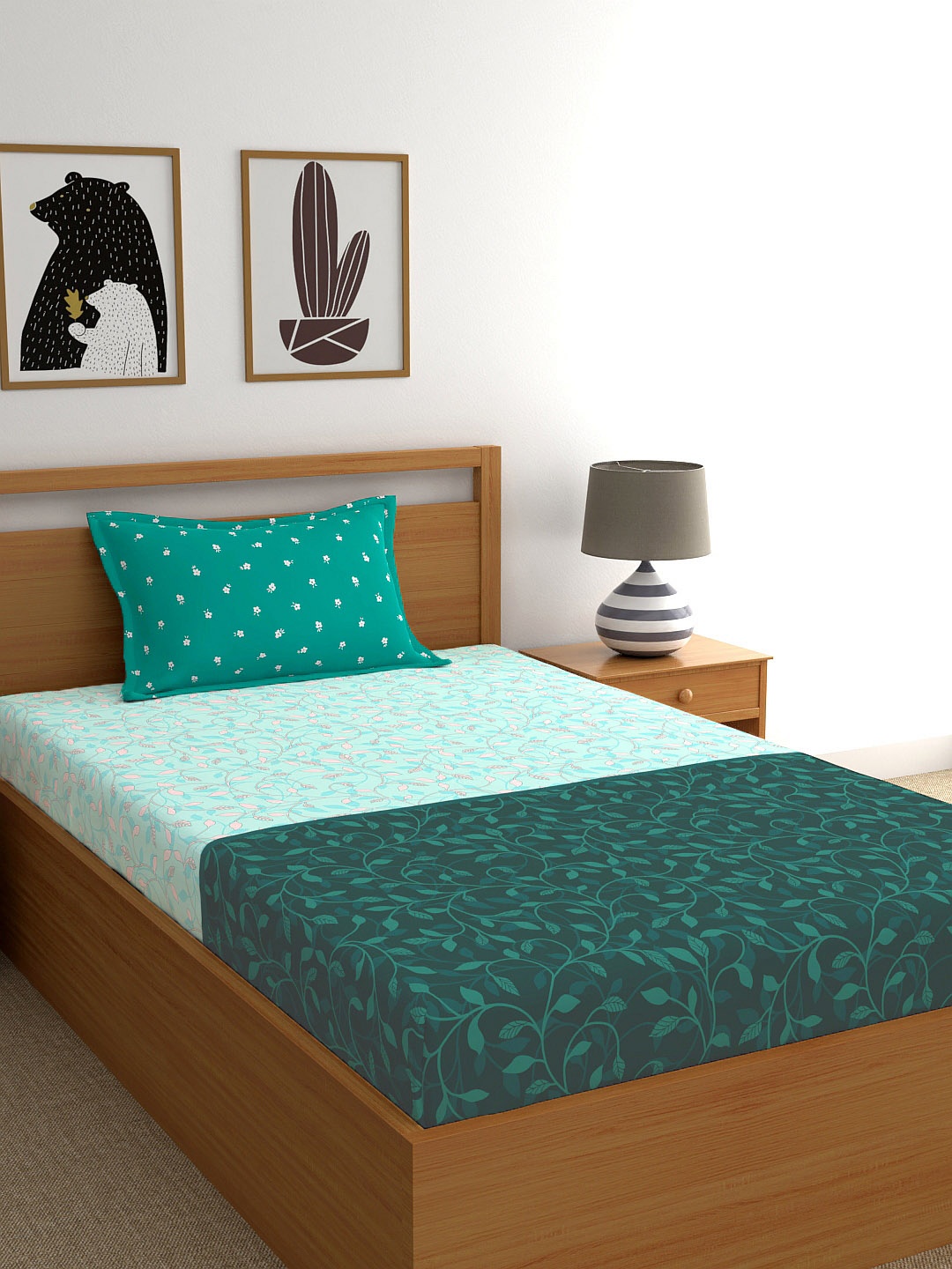 

My Room Teal Floral 140 TC Single Bedsheet with 1 Pillow Cover