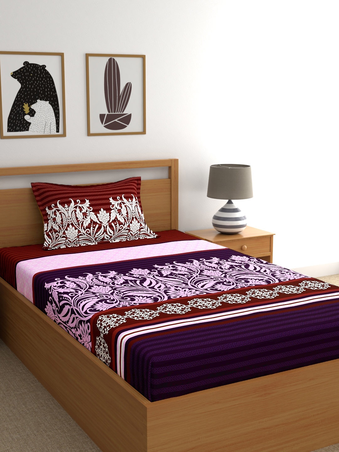 

My Room Purple Ethnic Motifs 140 TC Single Bedsheet with 1 Pillow Covers