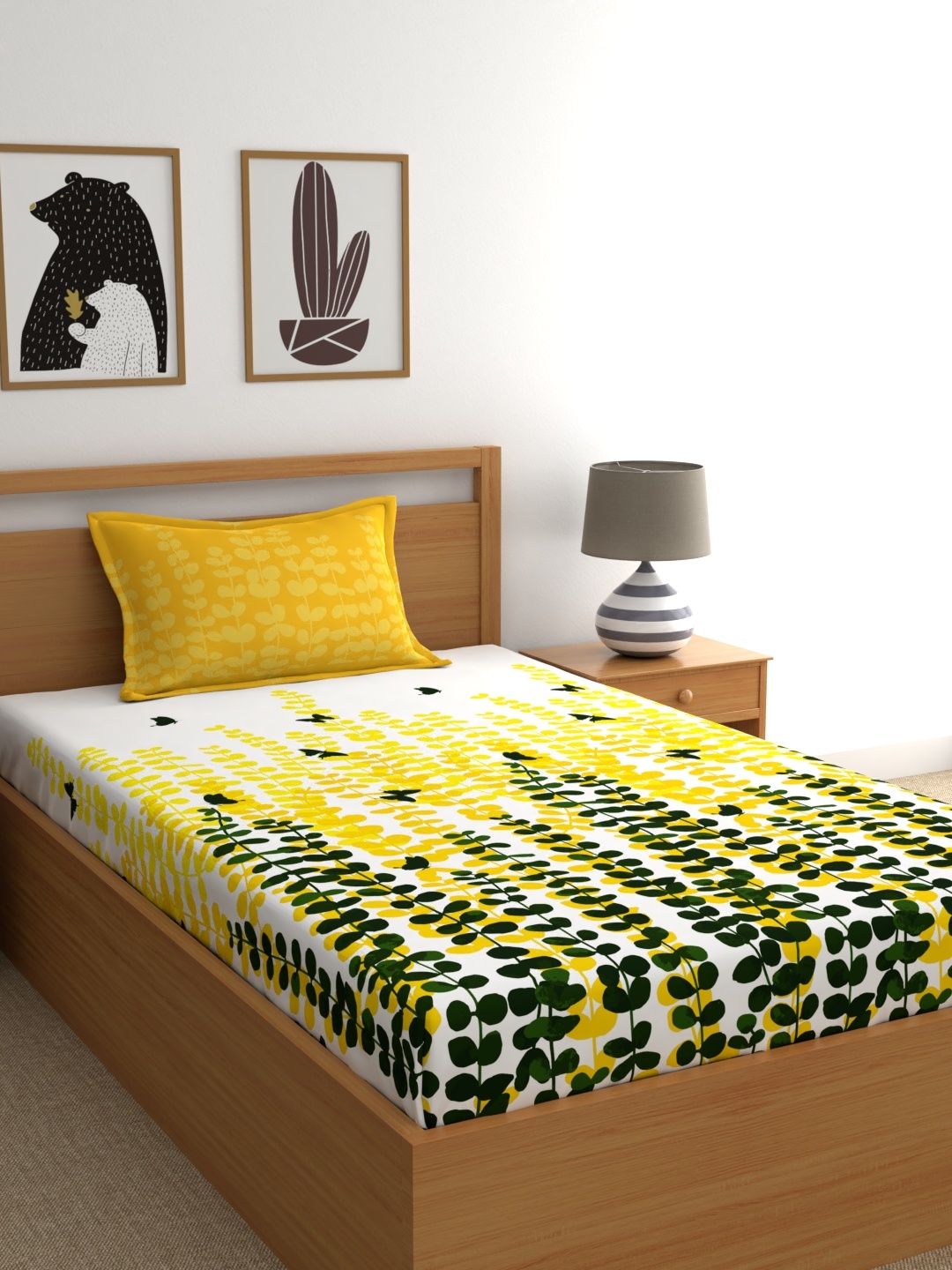 

My Room Yellow Floral 140 TC Single Bedsheet with 1 Pillow Covers