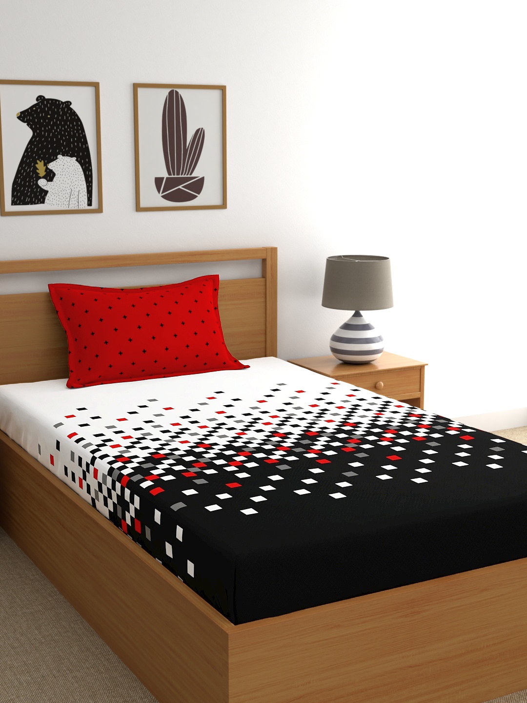 

My Room Black Geometric 140 TC Single Bedsheet with 1 Pillow Covers