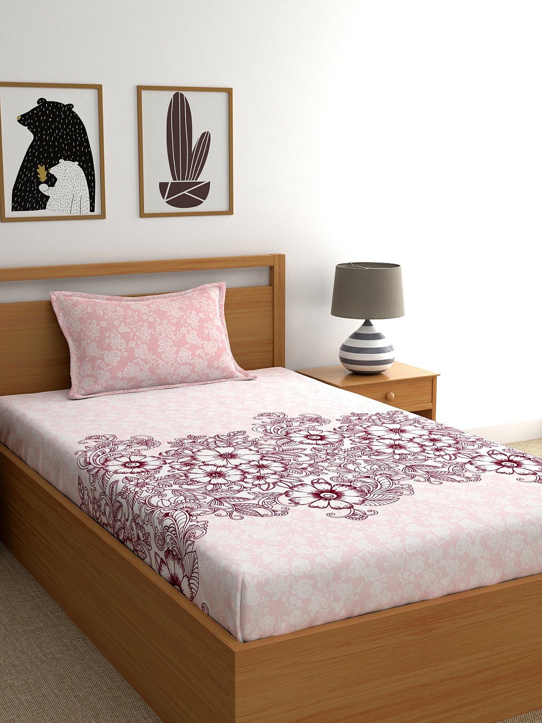

My Room Pink Floral 140 TC Single Bedsheet with 1 Pillow Covers