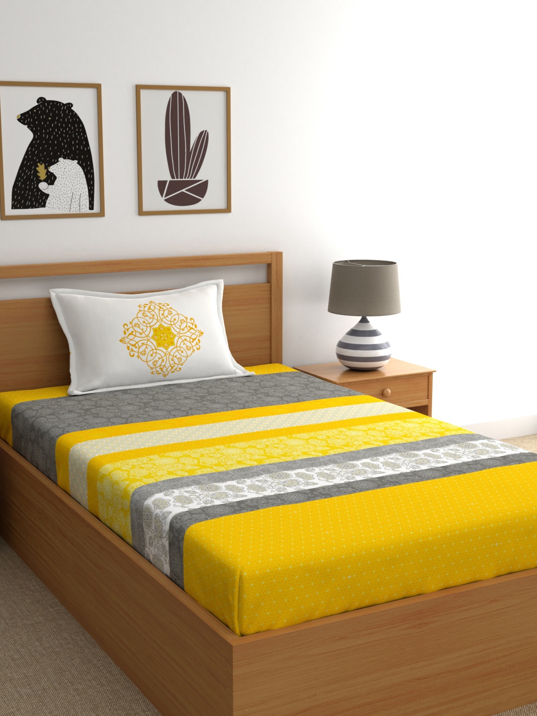 

My Room Yellow Floral 140 TC Single Bedsheet with 1 Pillow Covers