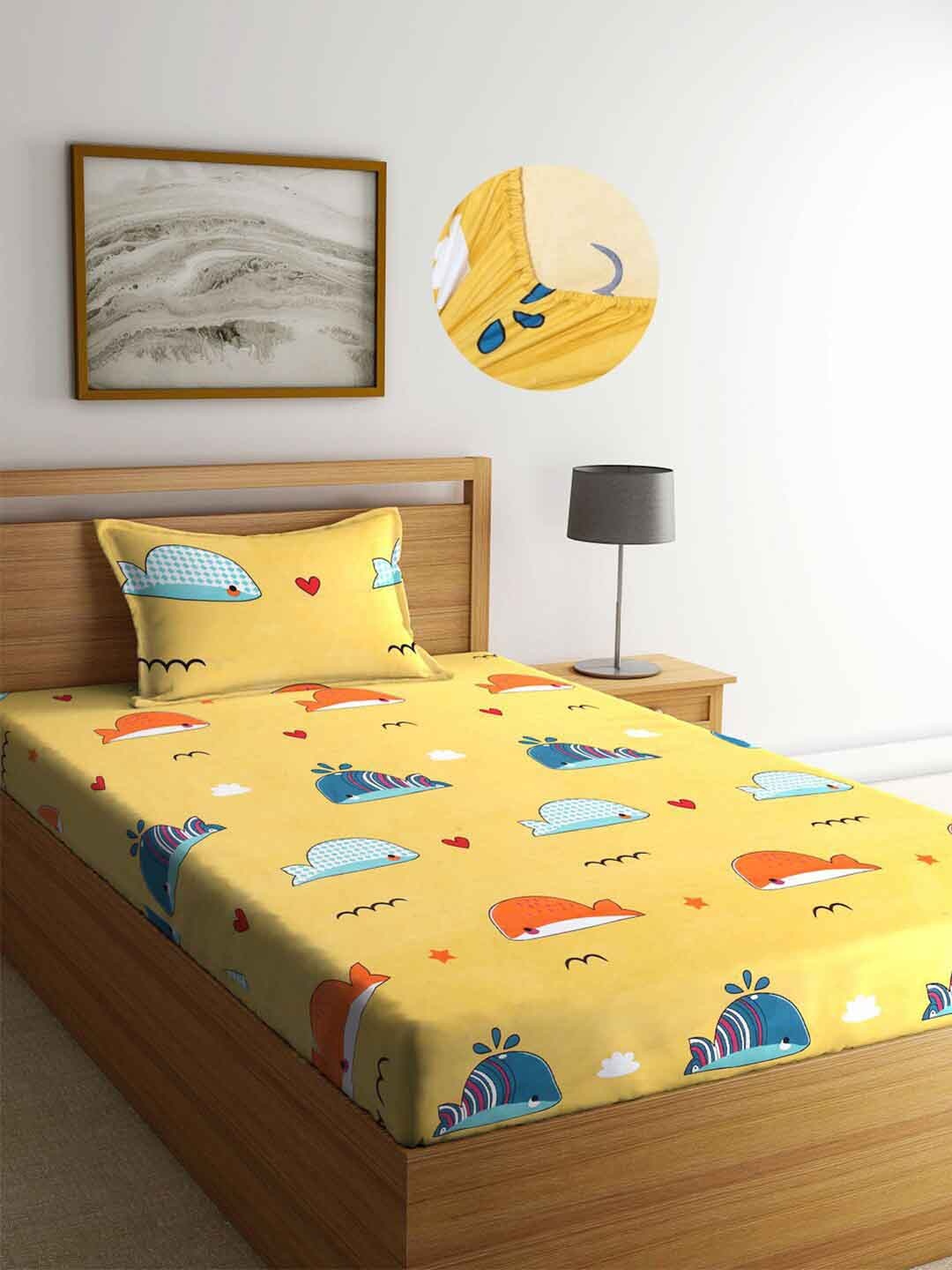 

KLOTTHE Kids Yellow & Blue 300 TC Fitted Single Bedsheet with 1 Pillow Covers