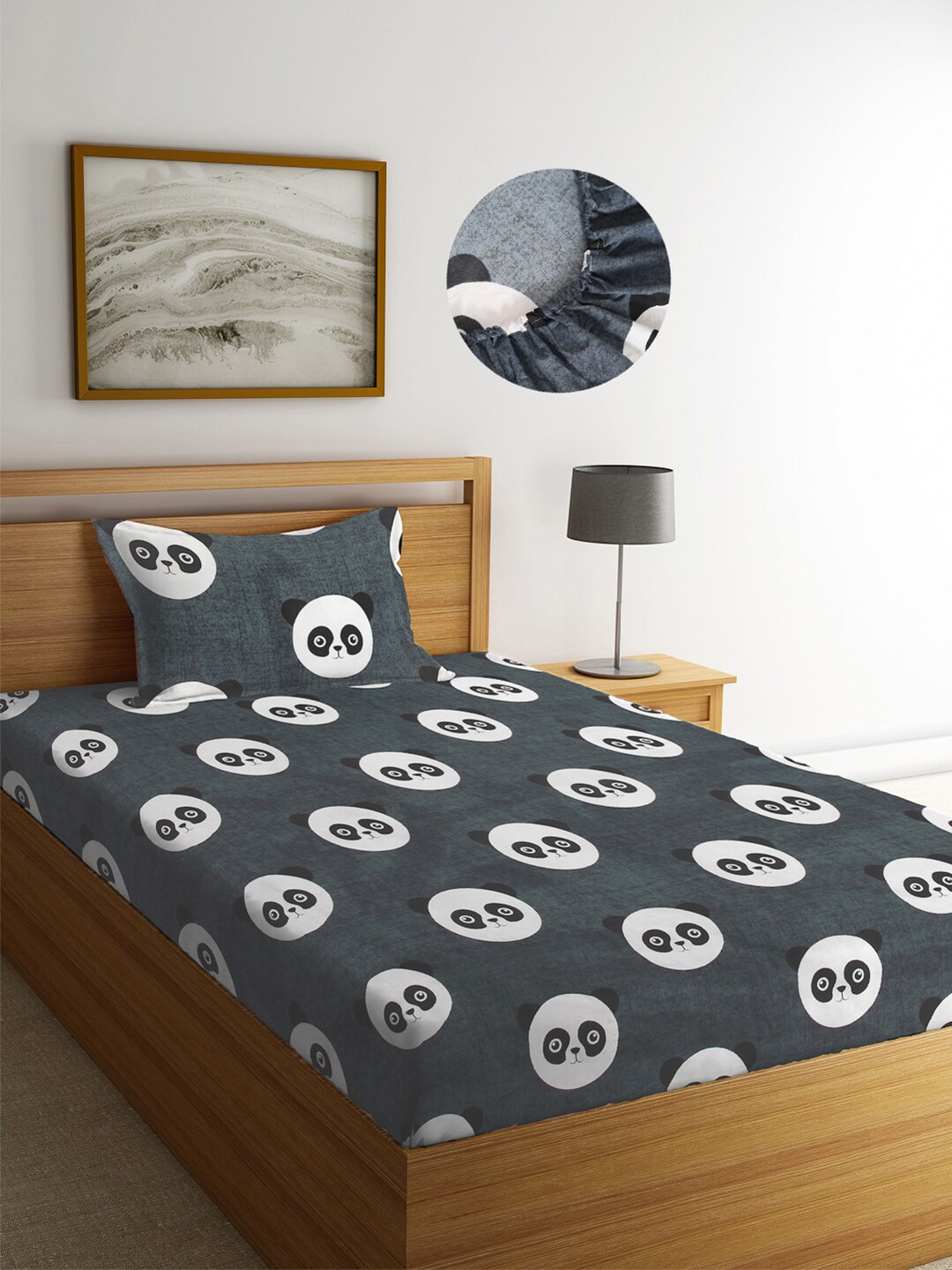 

KLOTTHE Kids Black Cartoon Characters 300 TC Elasticated Single Bedsheet with Pillow Cover