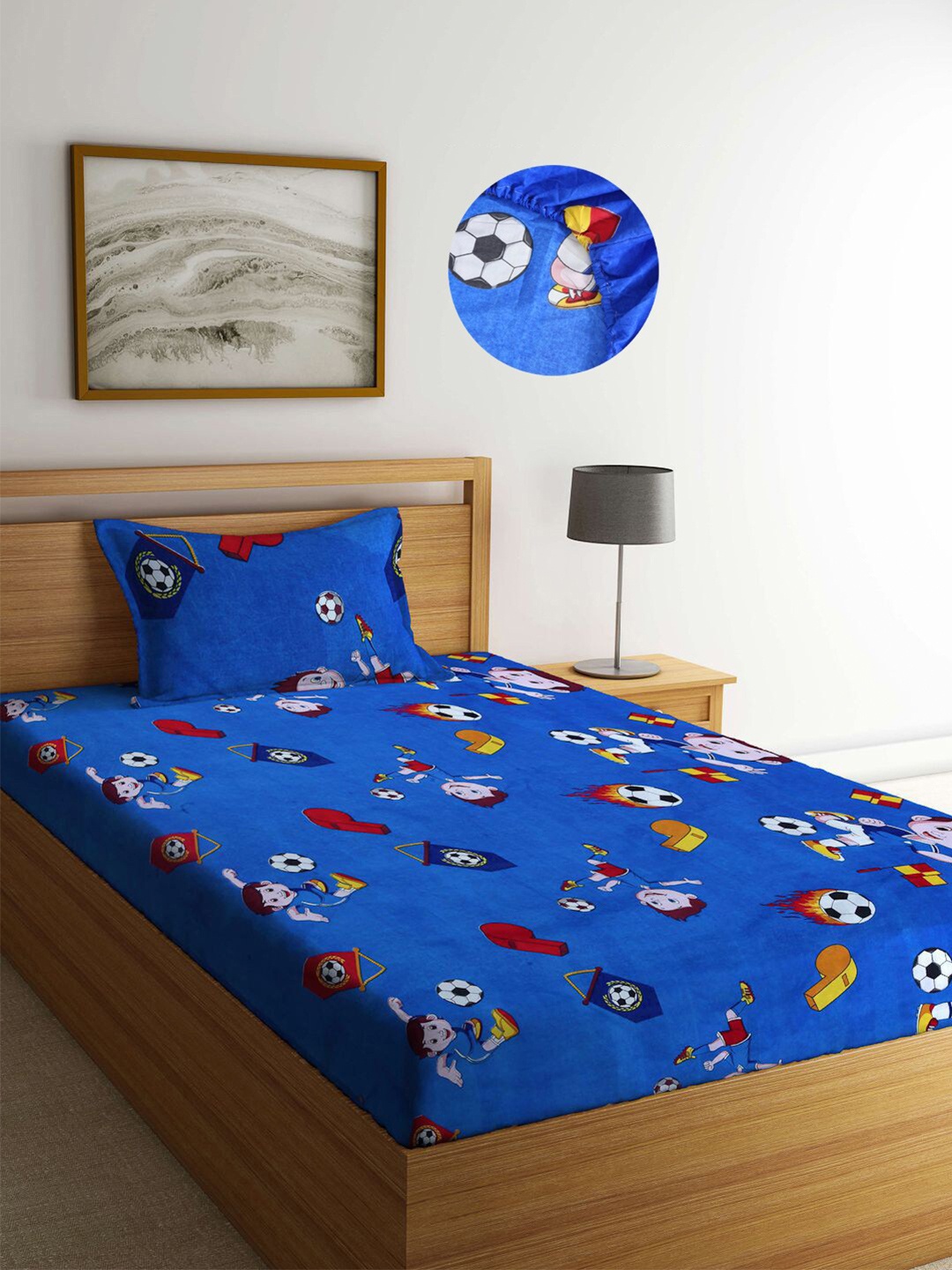 

KLOTTHE Kids Blue Cartoon Characters 300 TC Fitted Single Bed Sheet with Pillow Cover