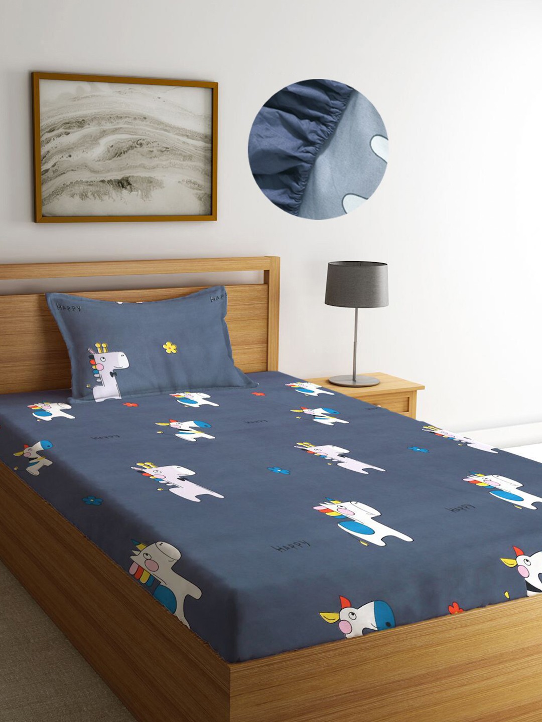 

KLOTTHE Kids Multi Cartoon Characters 300 TC Fitted Single BedSheet with Pillow Cover, Grey