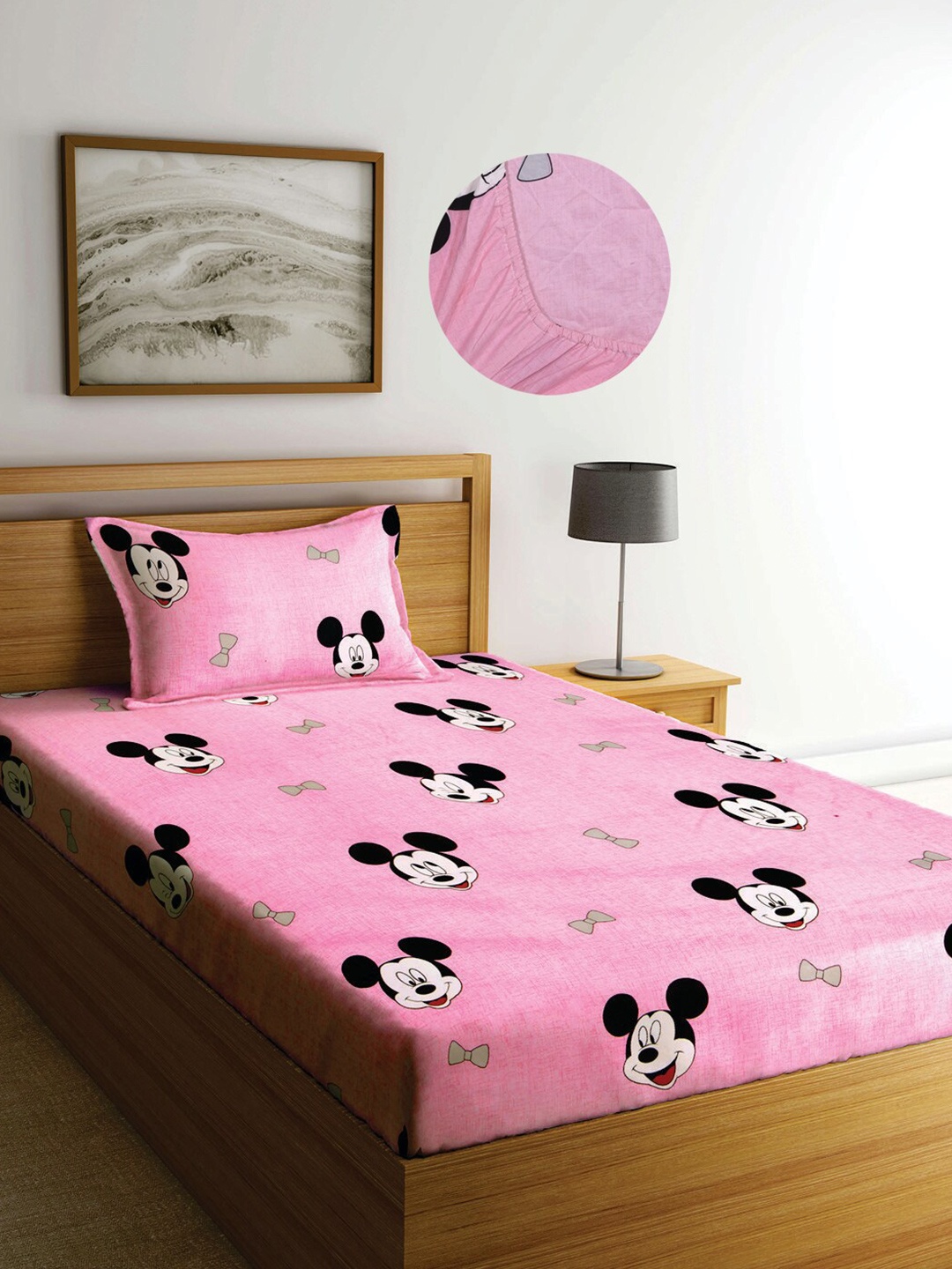 

KLOTTHE Kids Pink Cartoon Characters 300 TC Elasticated Single Bedsheet with Pillow Cover