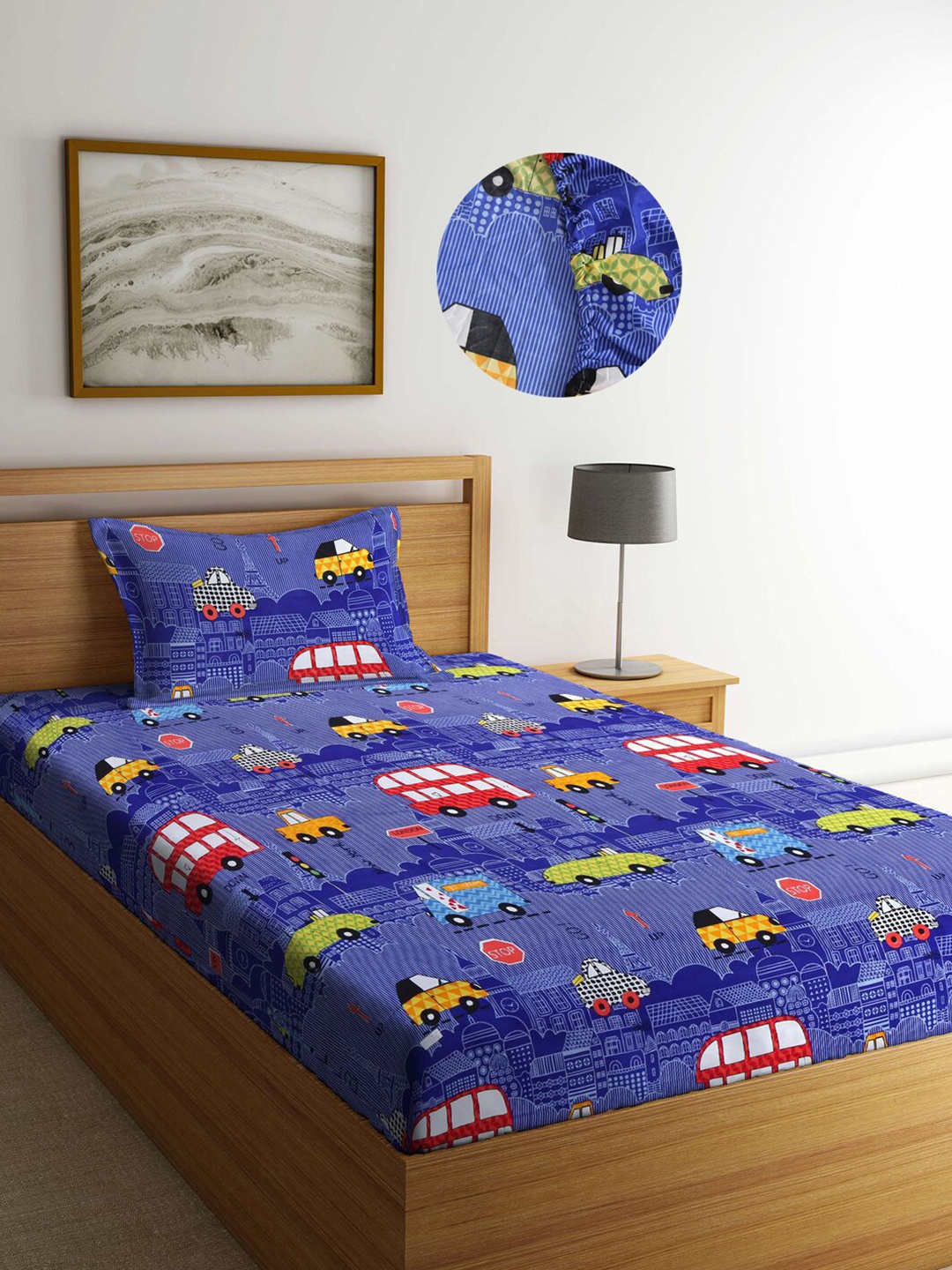 

KLOTTHE Kids Blue Kids Print 300 TC Cotton Fitted Single Bedsheet with Pillow Cover