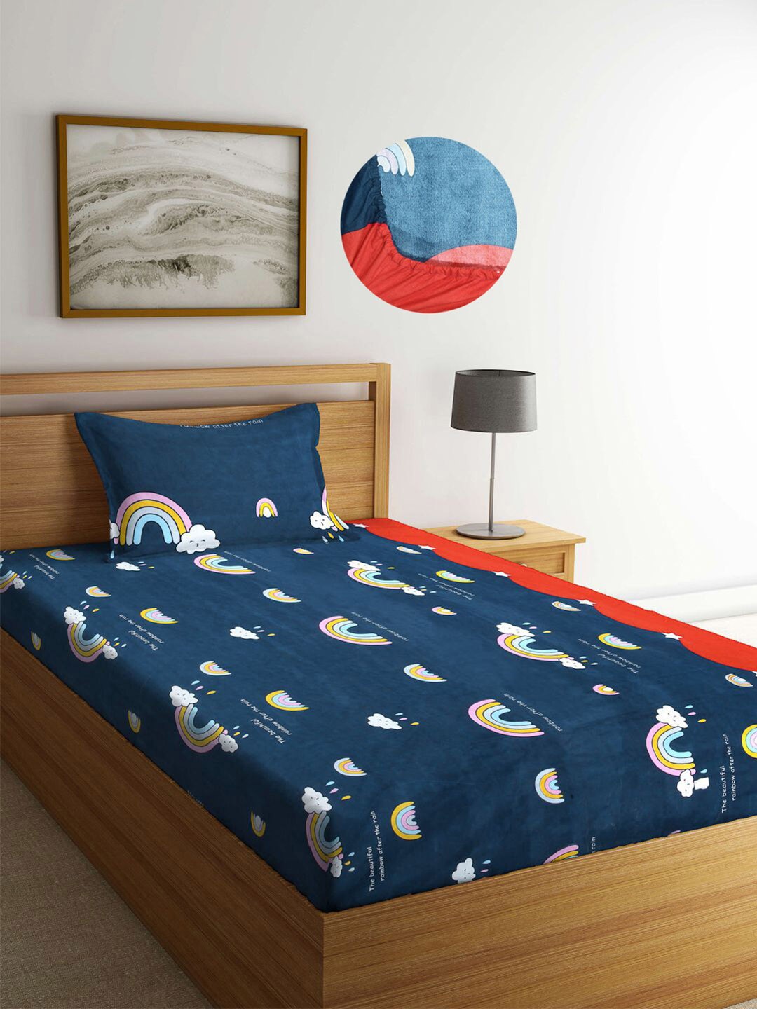 

KLOTTHE Kids Navy Blue & White Cartoon 300 TC Fitted Single Bedsheet With 1 Pillow Cover