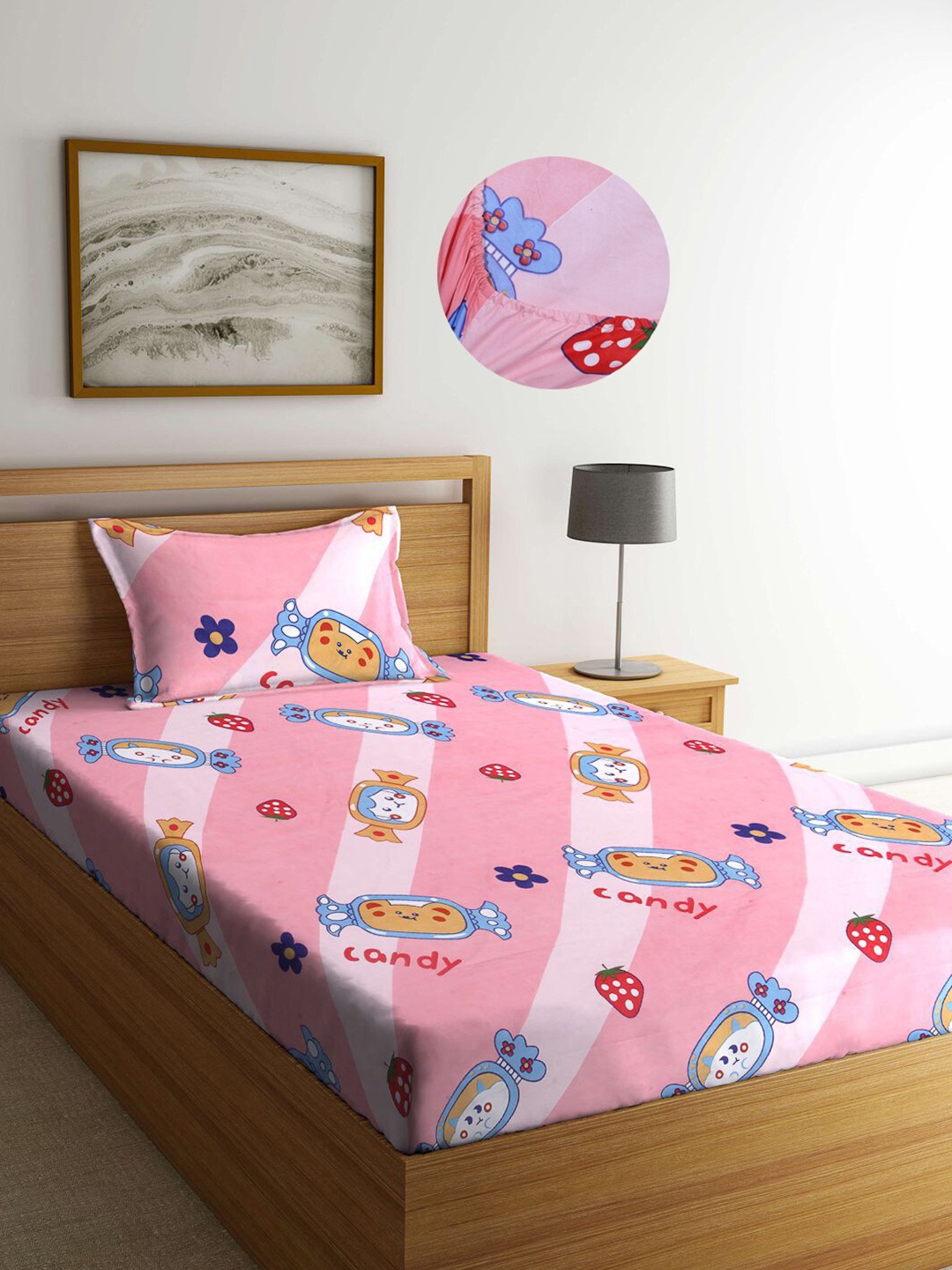 

KLOTTHE Kids Multi Cartoon Characters 300 TC Fitted Single Bed Sheet with Pillow Cover, Pink