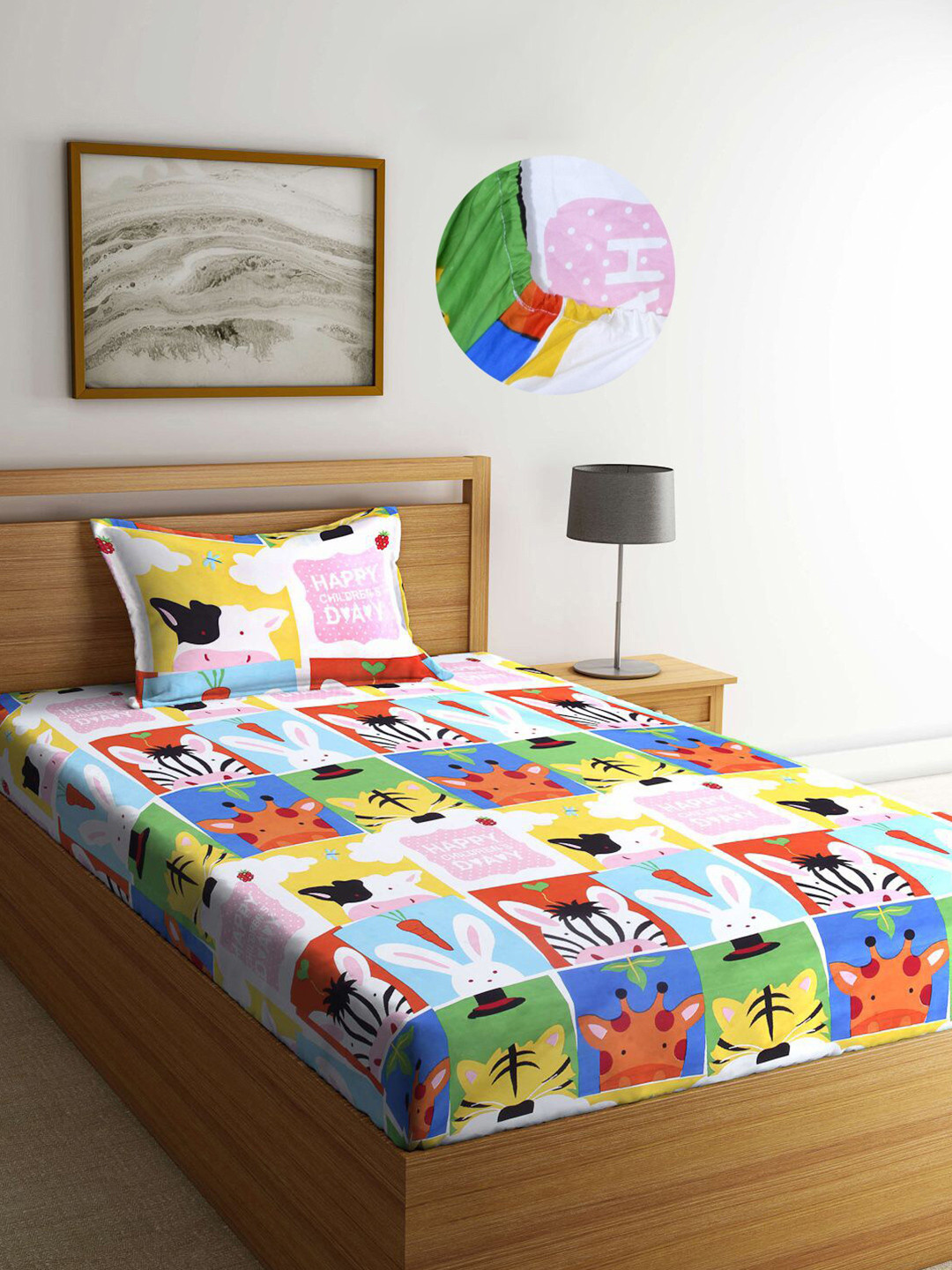 

KLOTTHE Kids Multicoloured Cartoon Characters 300 TC Fitted Bed Sheet with Pillow Cover, Multi