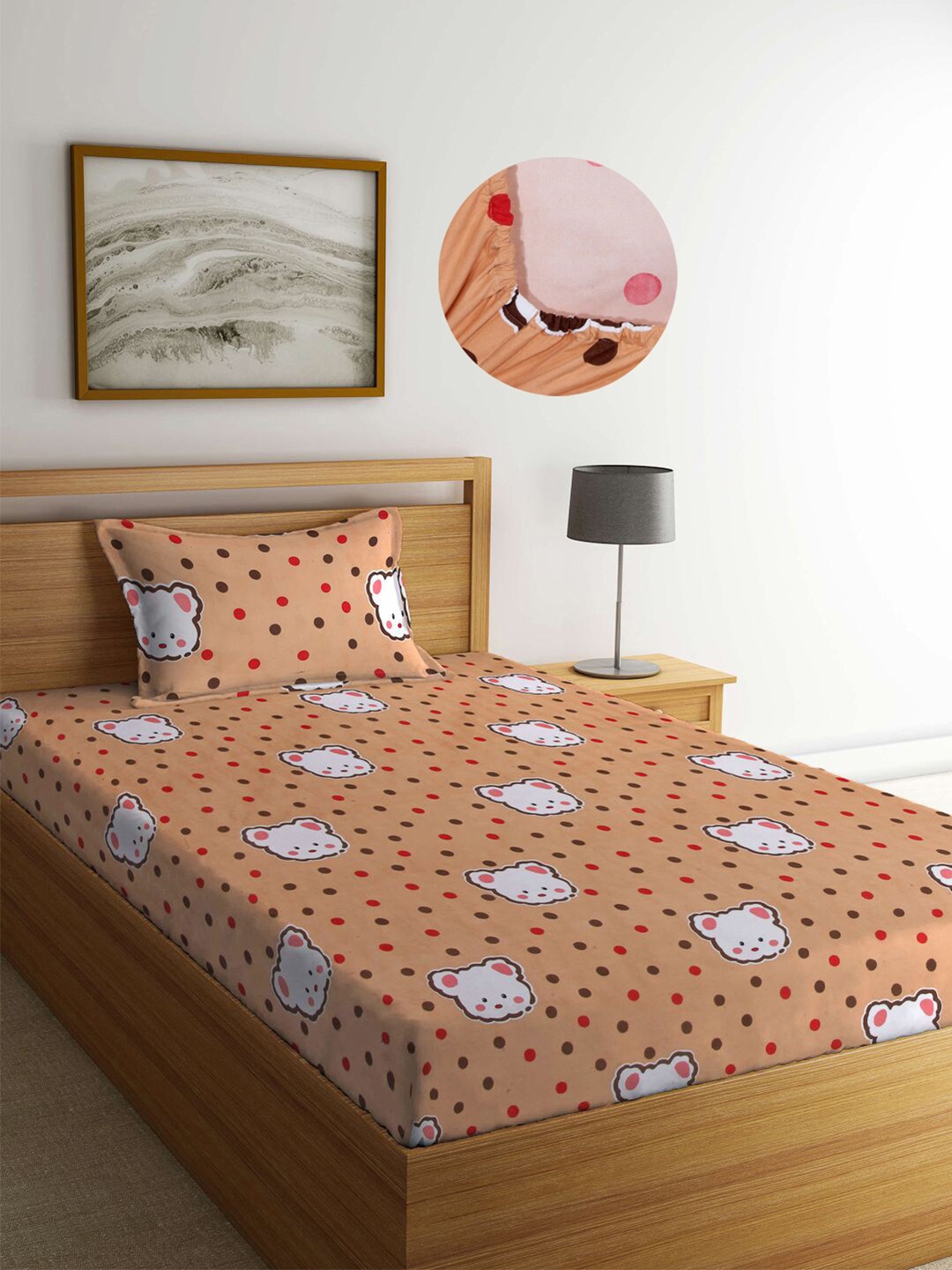 

KLOTTHE Kids Cartoon Characters 300 TC Fitted Single Bedsheet with 1 Pillow Cover, Brown
