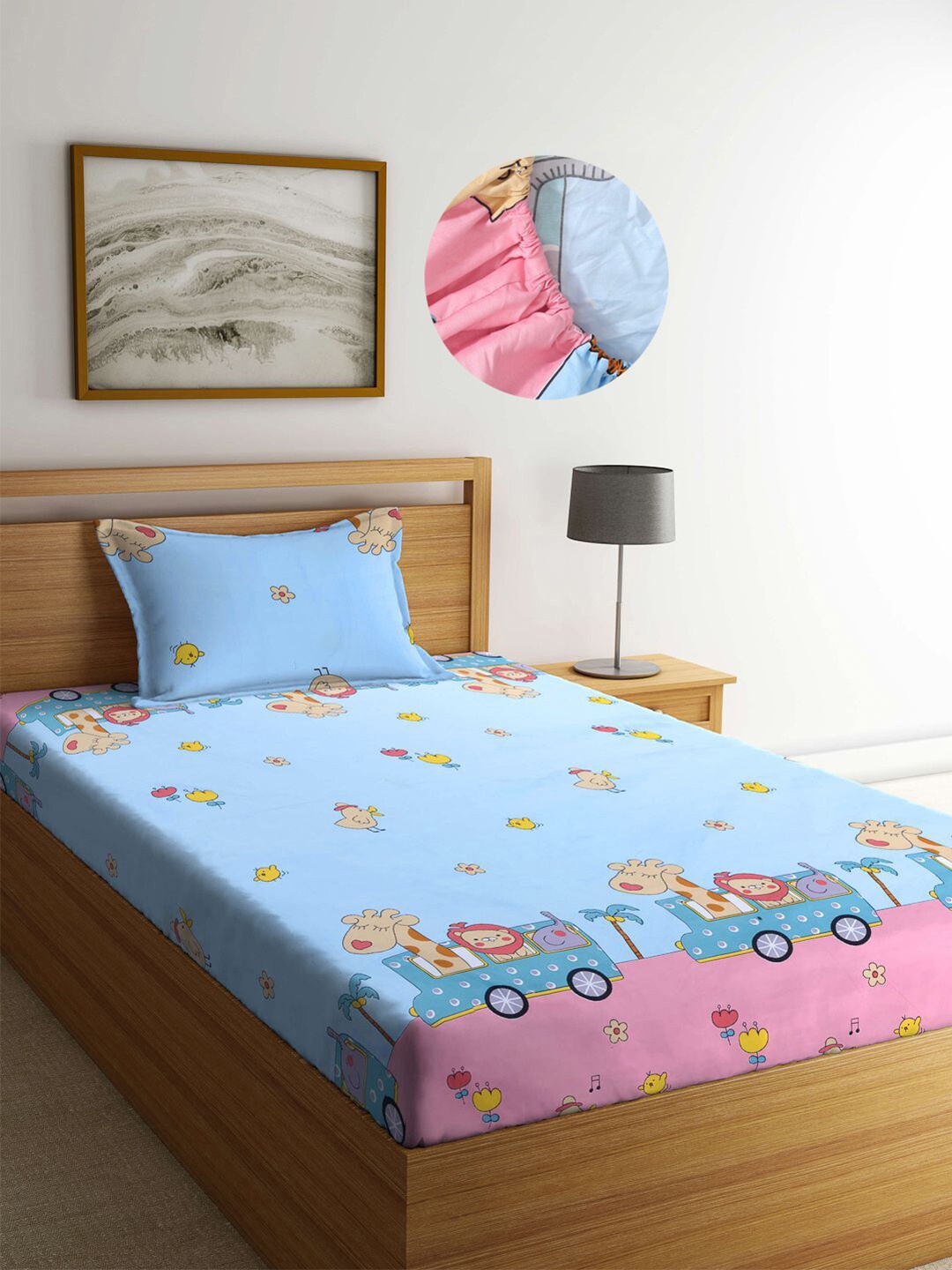 

KLOTTHE Kids Blue Cartoon Characters 300 TC Elasticated Single Bed Sheet with Pillow Cover