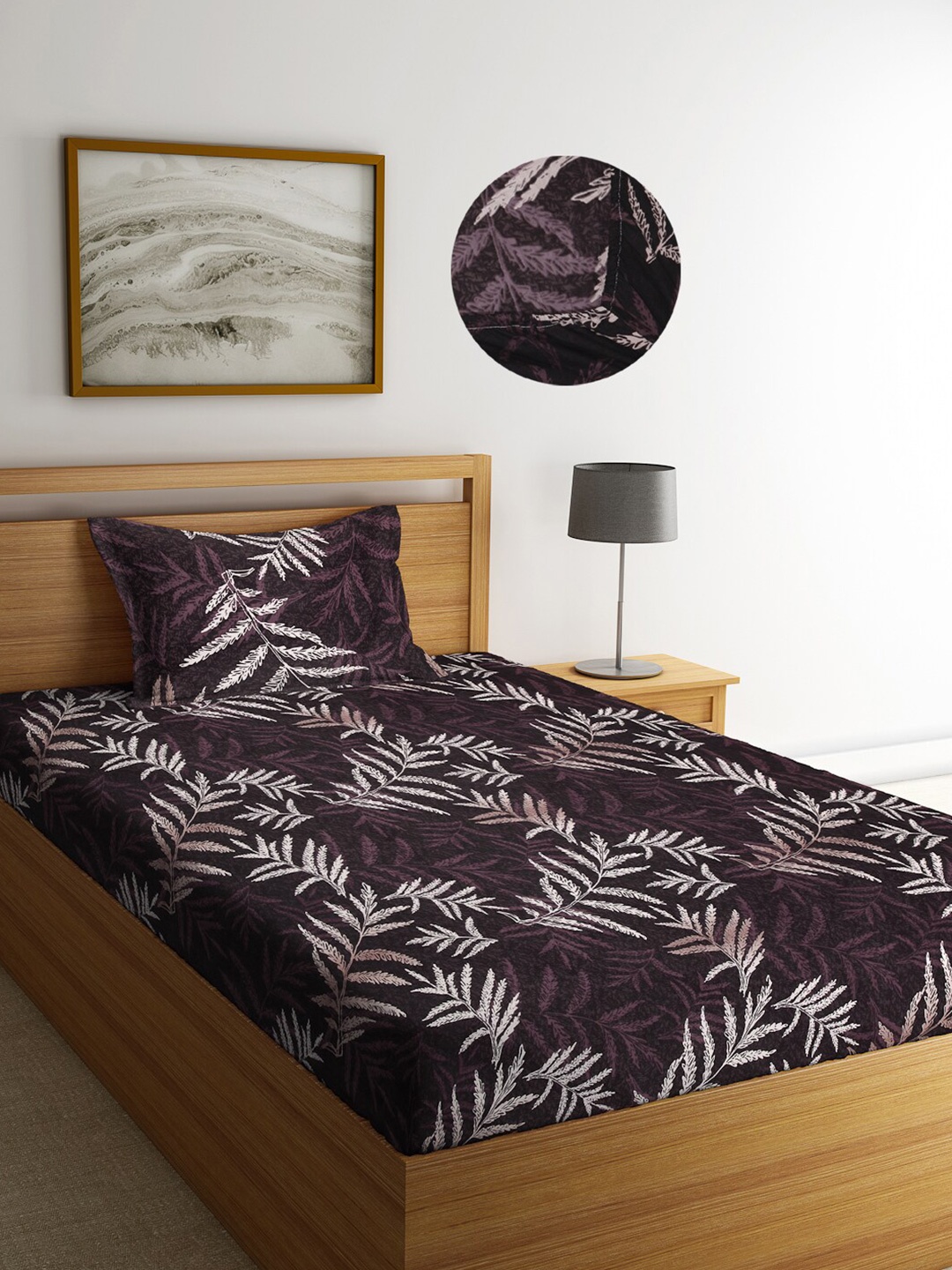 

KLOTTHE Multicoloured Floral 300 TC Fitted Single Bedsheet with Pillow Cover, Brown