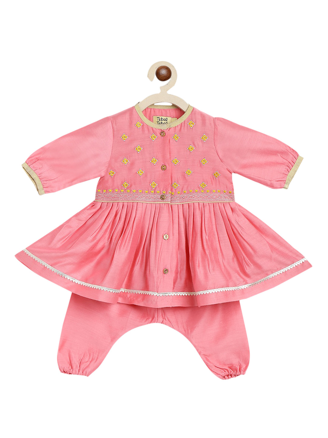 

Tiber Taber Girls Pink Ethnic Motifs Embroidered Empire Gotta Patti Kurta with Dhoti Pants