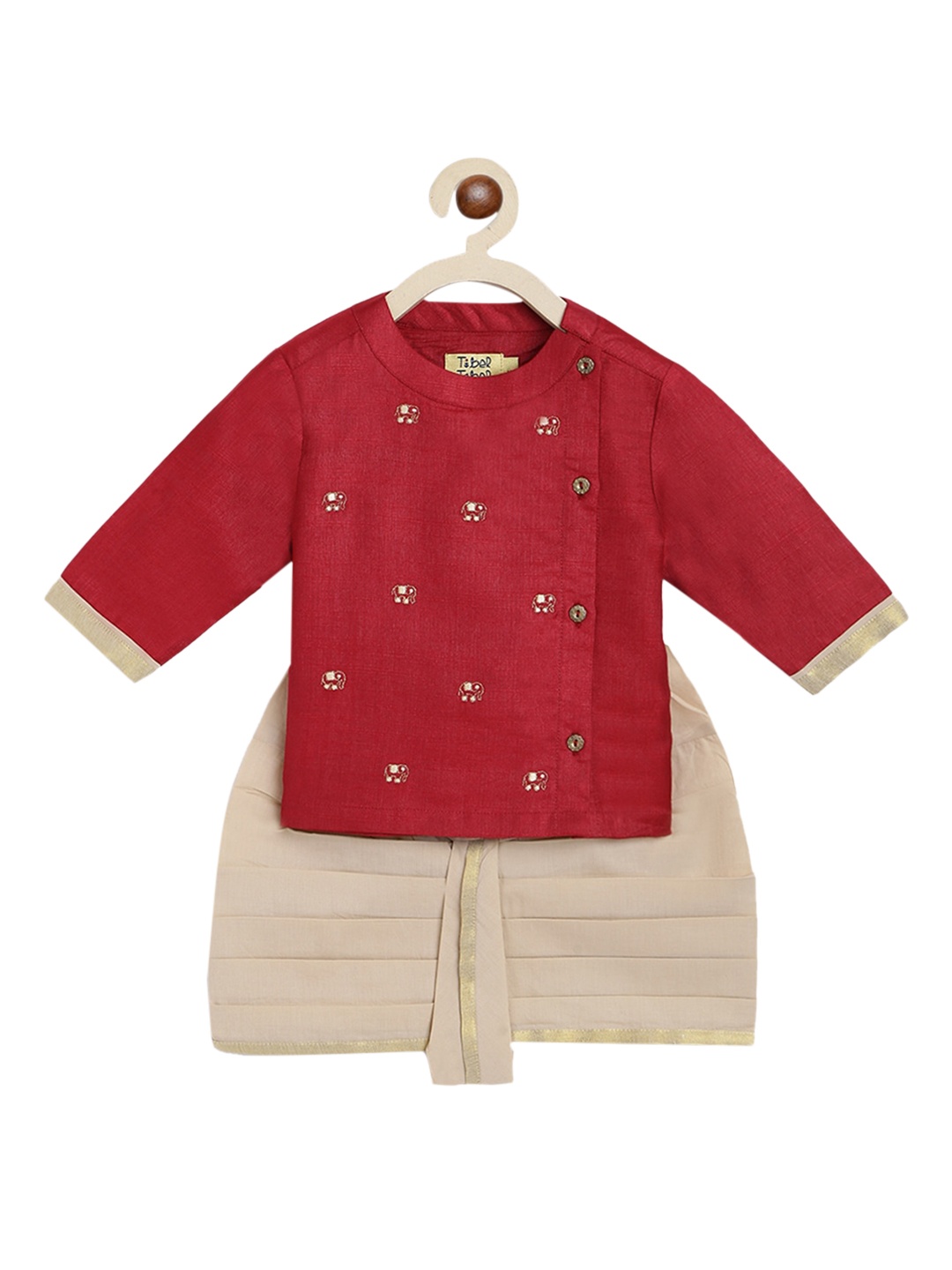 

Tiber Taber Boys Maroon Ethnic Motifs Embroidered Kurta with Pyjamas