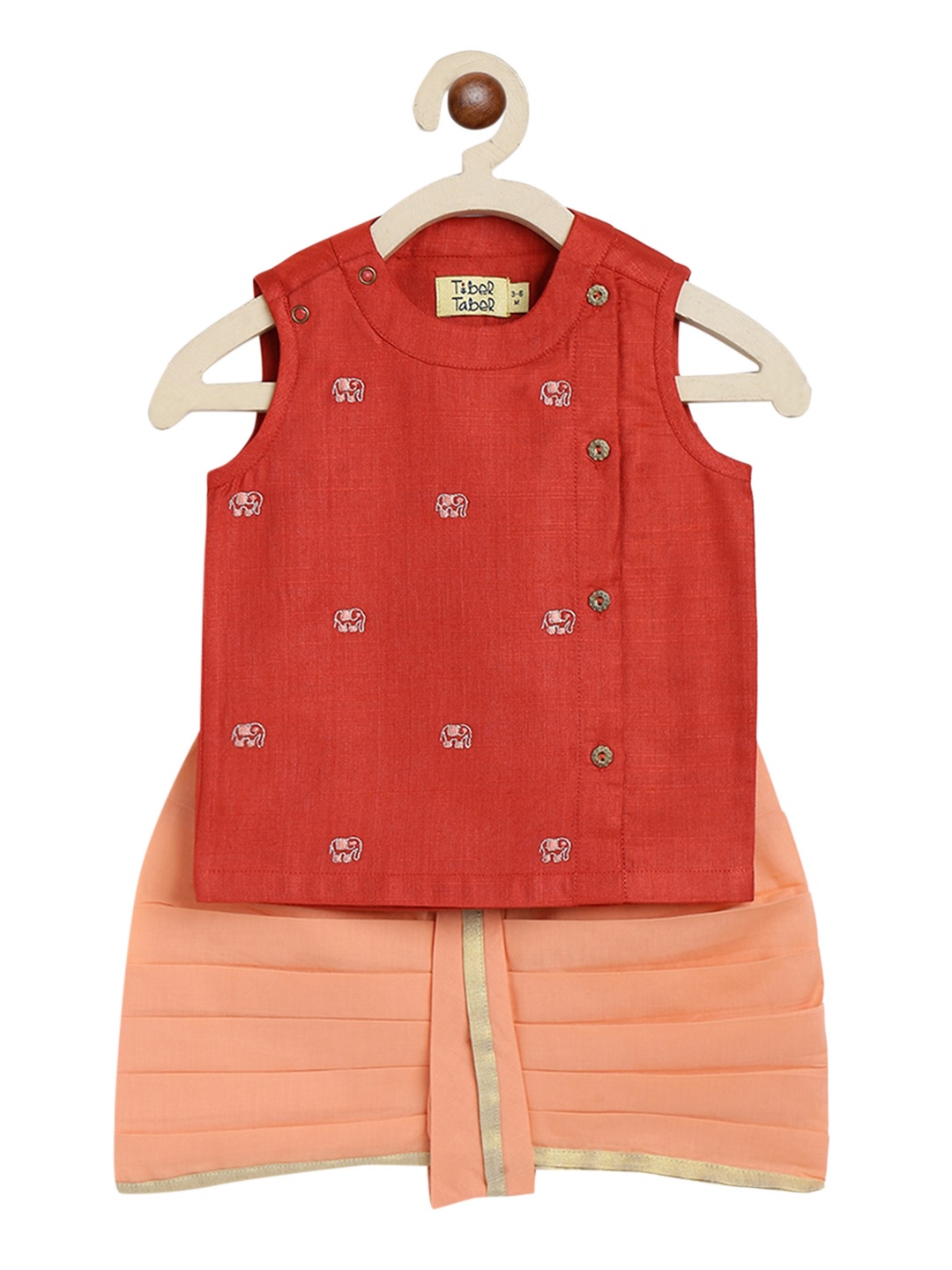 

Tiber Taber Boys Red Ethnic Motifs Embroidered Angrakha Thread Work Kurta with Dhoti Pants