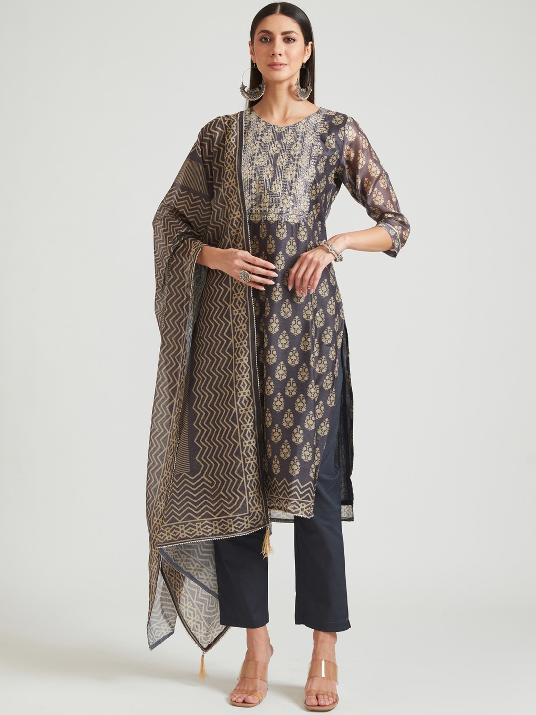 

Neerus Women Grey Ethnic Motifs Printed Chanderi Cotton Kurta with Trousers & Dupatta