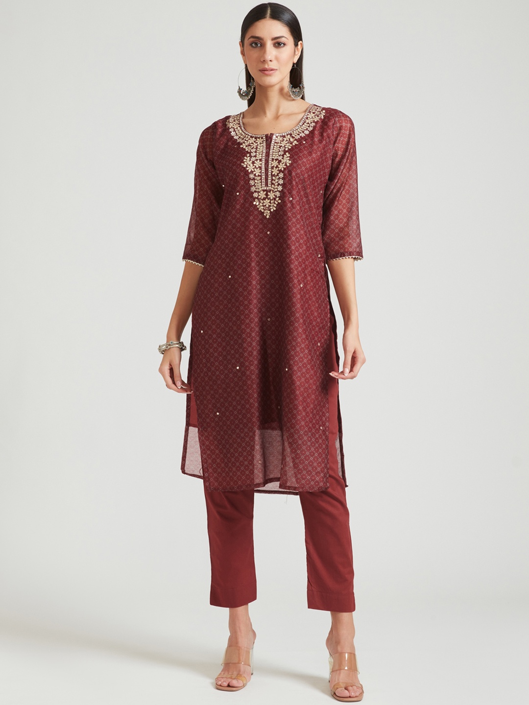 

Neerus Women Brown Gotta Patti Chanderi Cotton Kurta with Trousers & With Dupatta