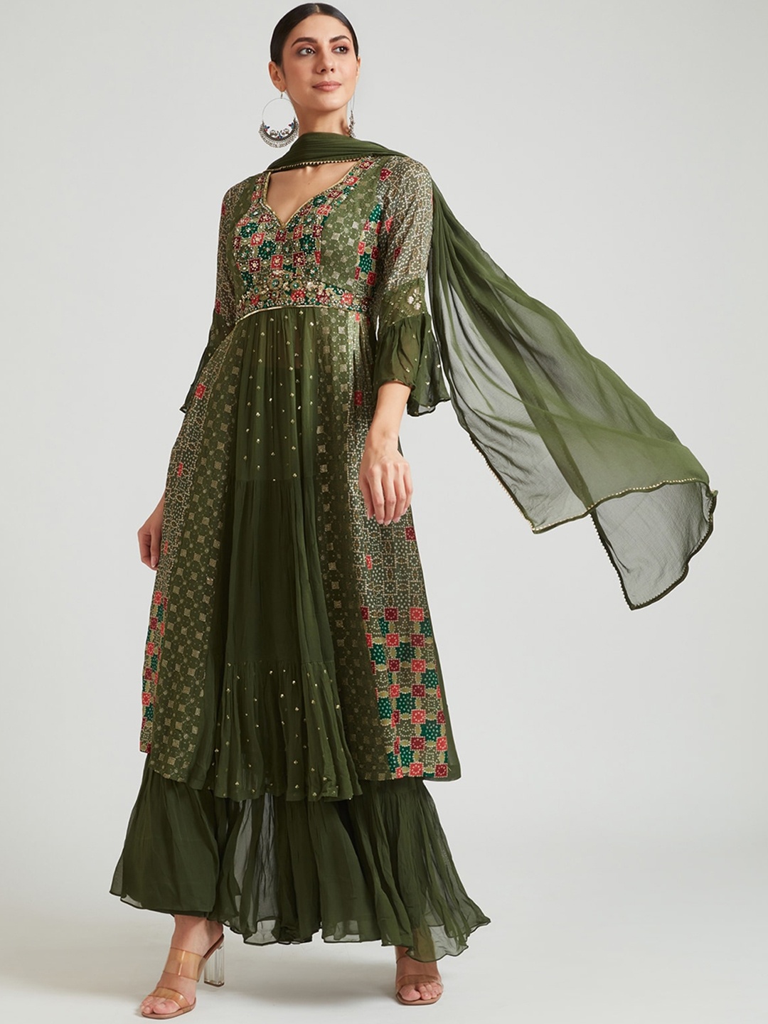

Neerus Women Green Printed Embroidered Anarkali Kurta with Sharara