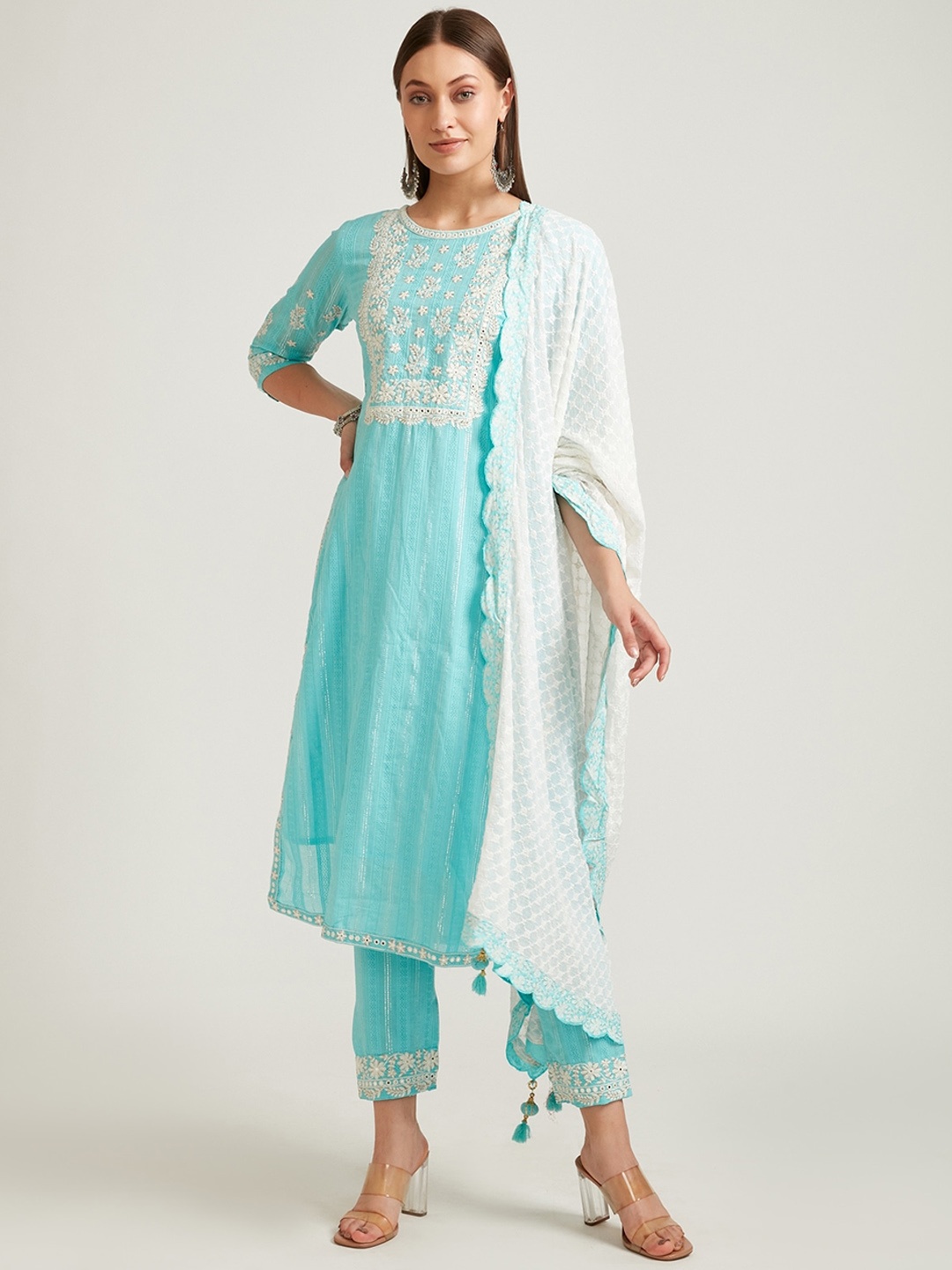 

Neerus Women Turquoise Blue Yoke Design Empire Aari Work Kurta with Trousers & With Dupatta