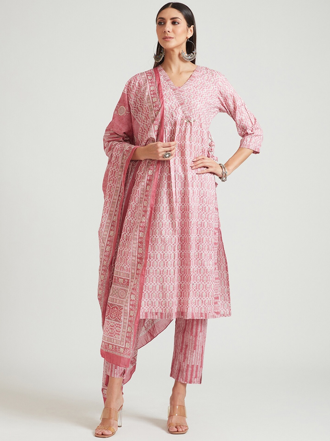 

Neerus Women Pink Printed Angrakha Sequinned Kurta with Trousers & With Dupatta