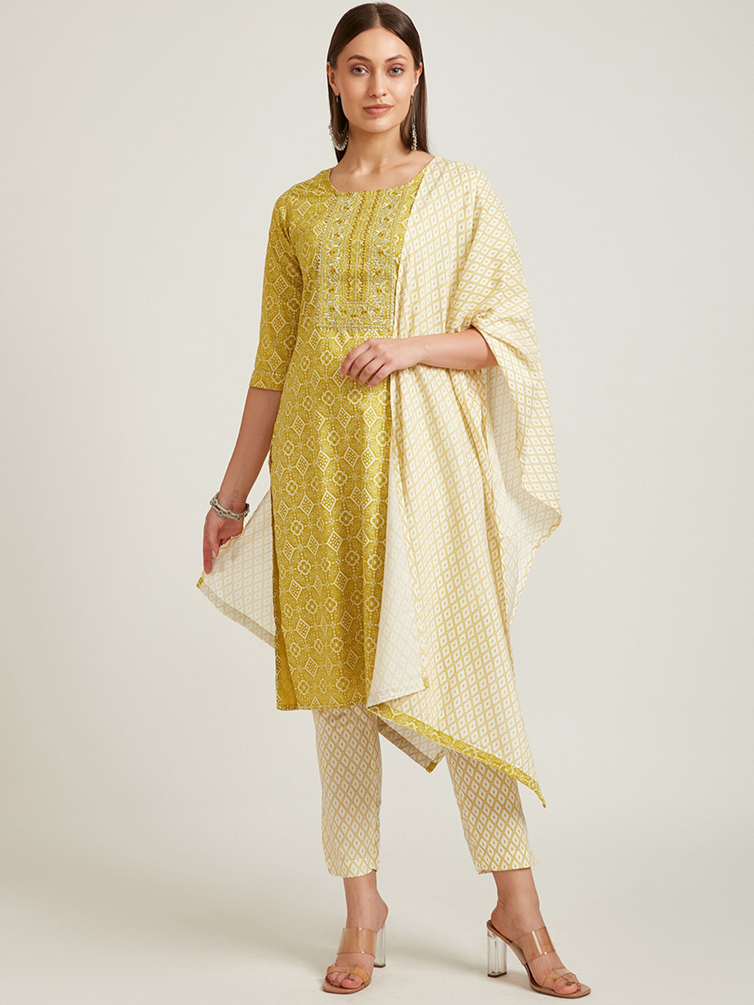 

Neerus Women Green Ethnic Motifs Printed Aari Work Kurta with Trousers & With Dupatta