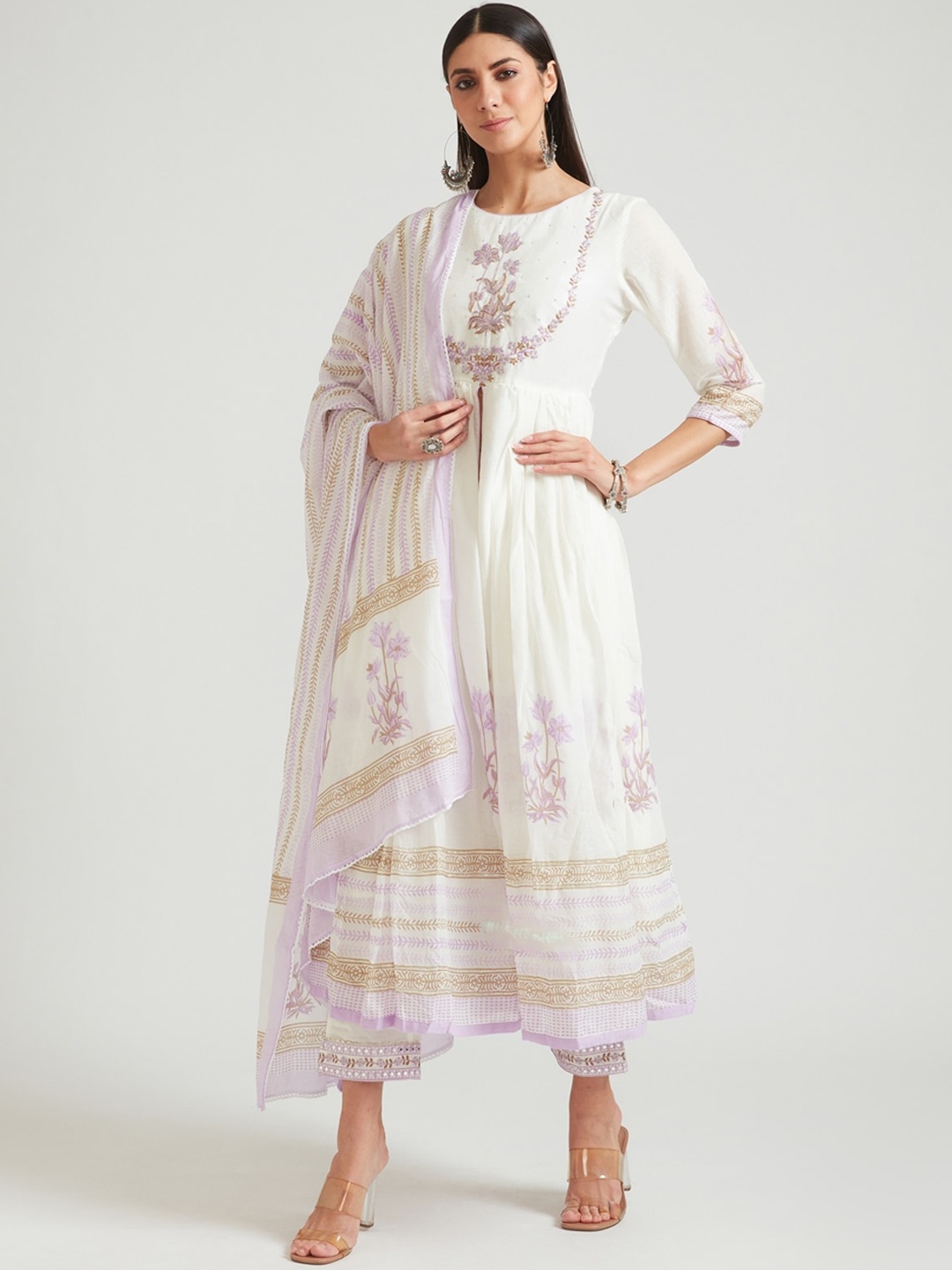 

Neerus Women Floral Chanderi Cotton Kurta with Churidar & With Dupatta, Off white