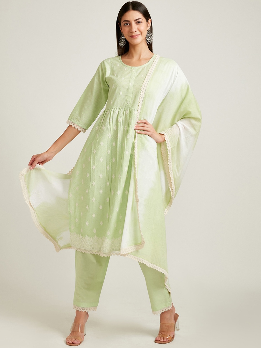

Neerus Women Olive Green Panelled Aari Work Kurta with Churidar & With Dupatta